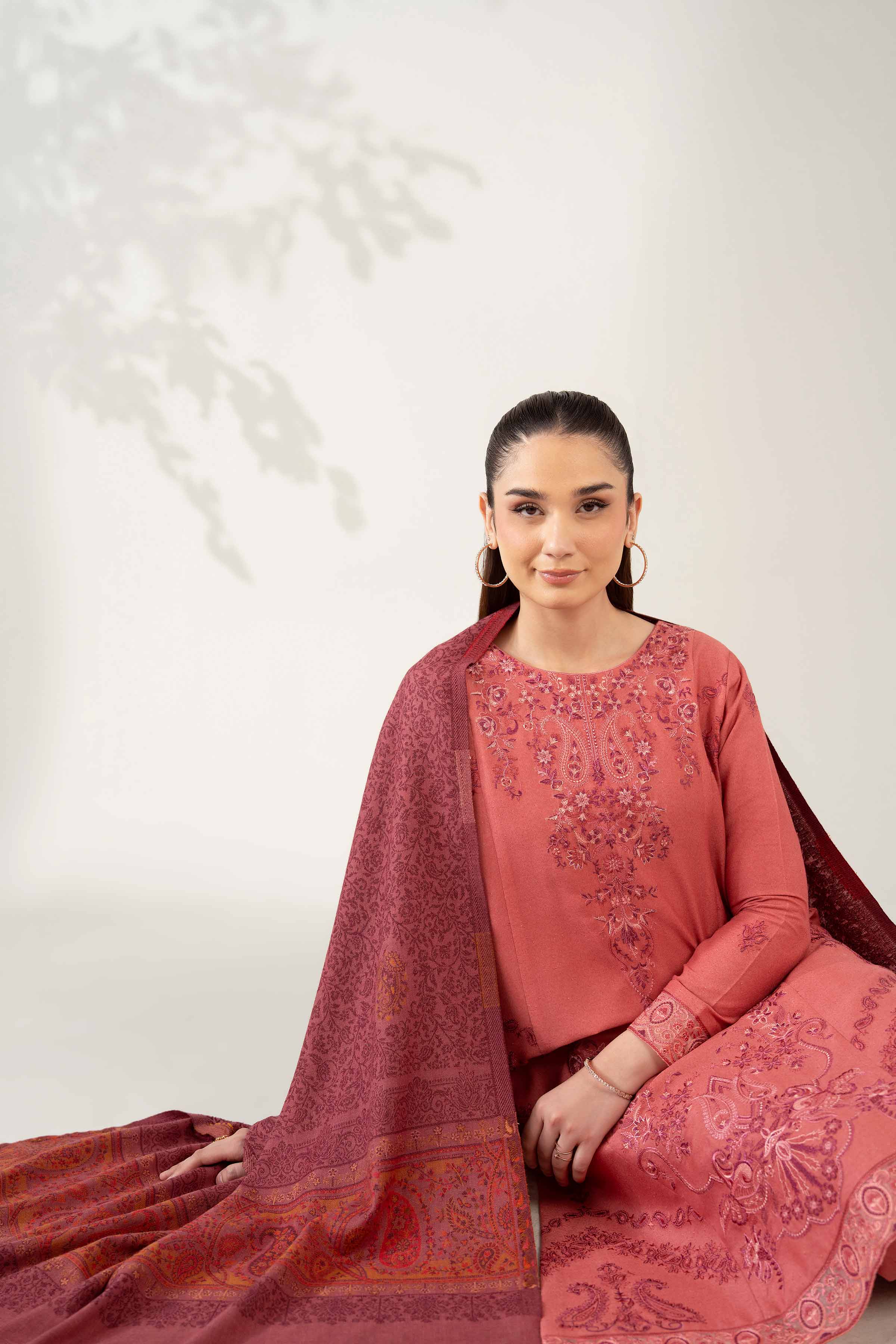 NISHATUAE - Peach Embroidered Karandi 3-piece Unstitched Suit