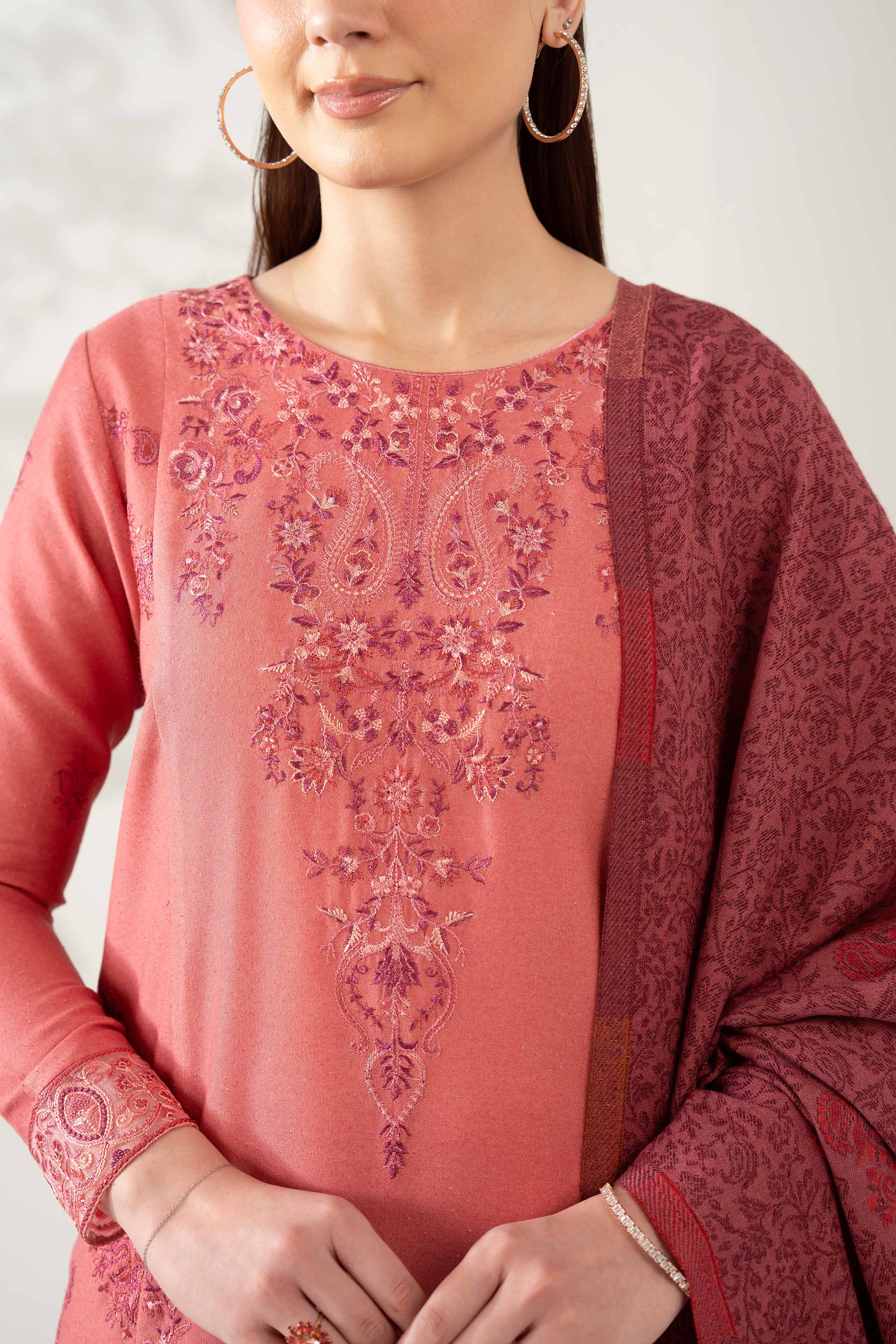 NISHATUAE - Peach Embroidered Karandi 3-piece Unstitched Suit