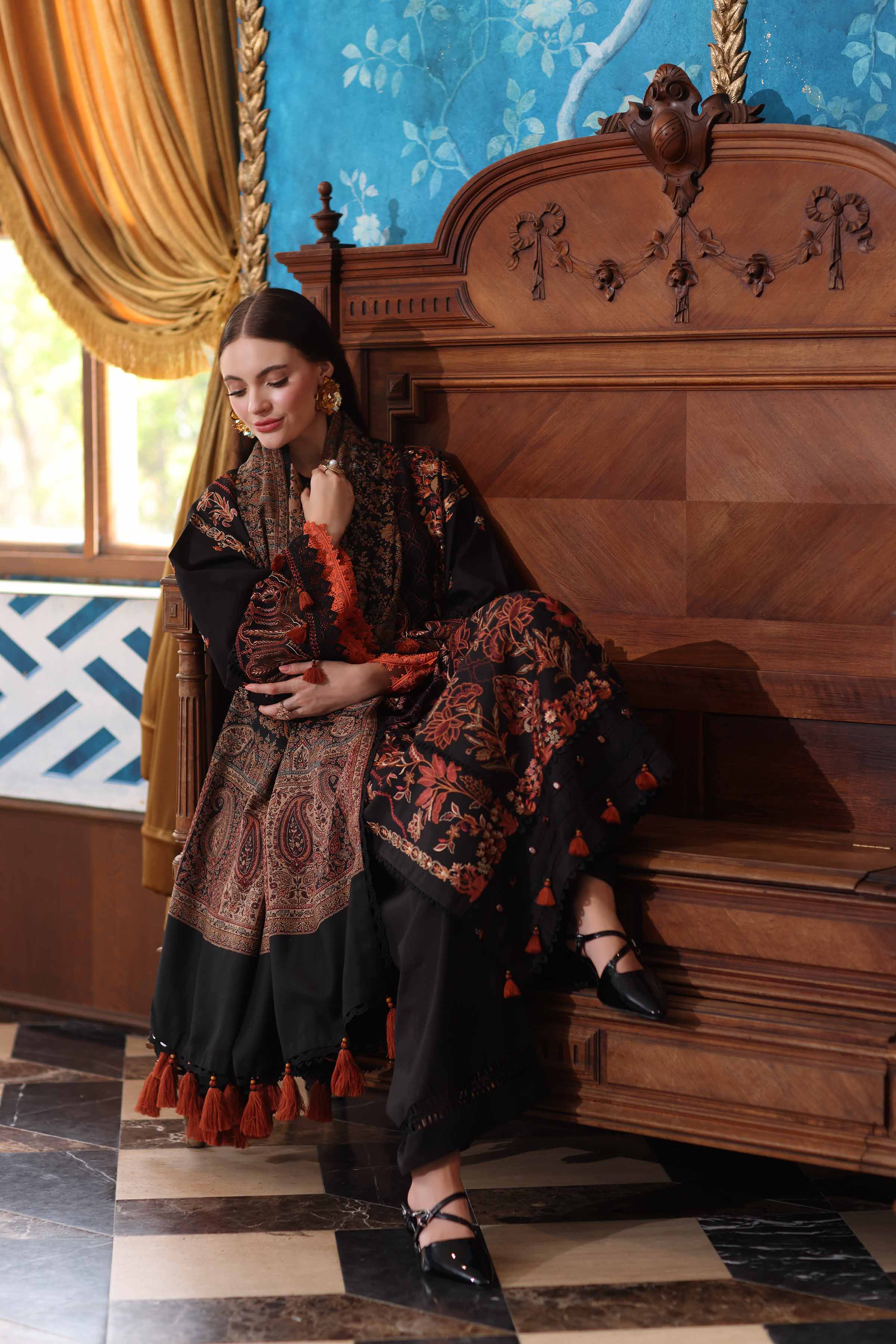 NISHATUAE - Black Embroidered Karandi 3-piece Unstitched Suit