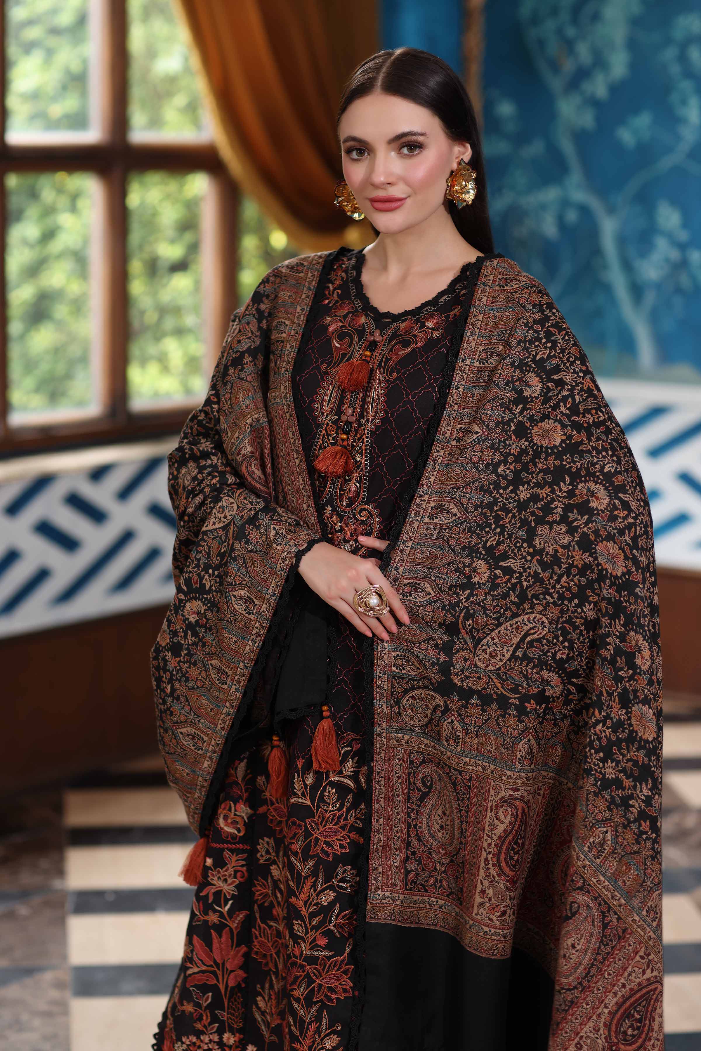 NISHATUAE - Black Embroidered Karandi 3-piece Unstitched Suit