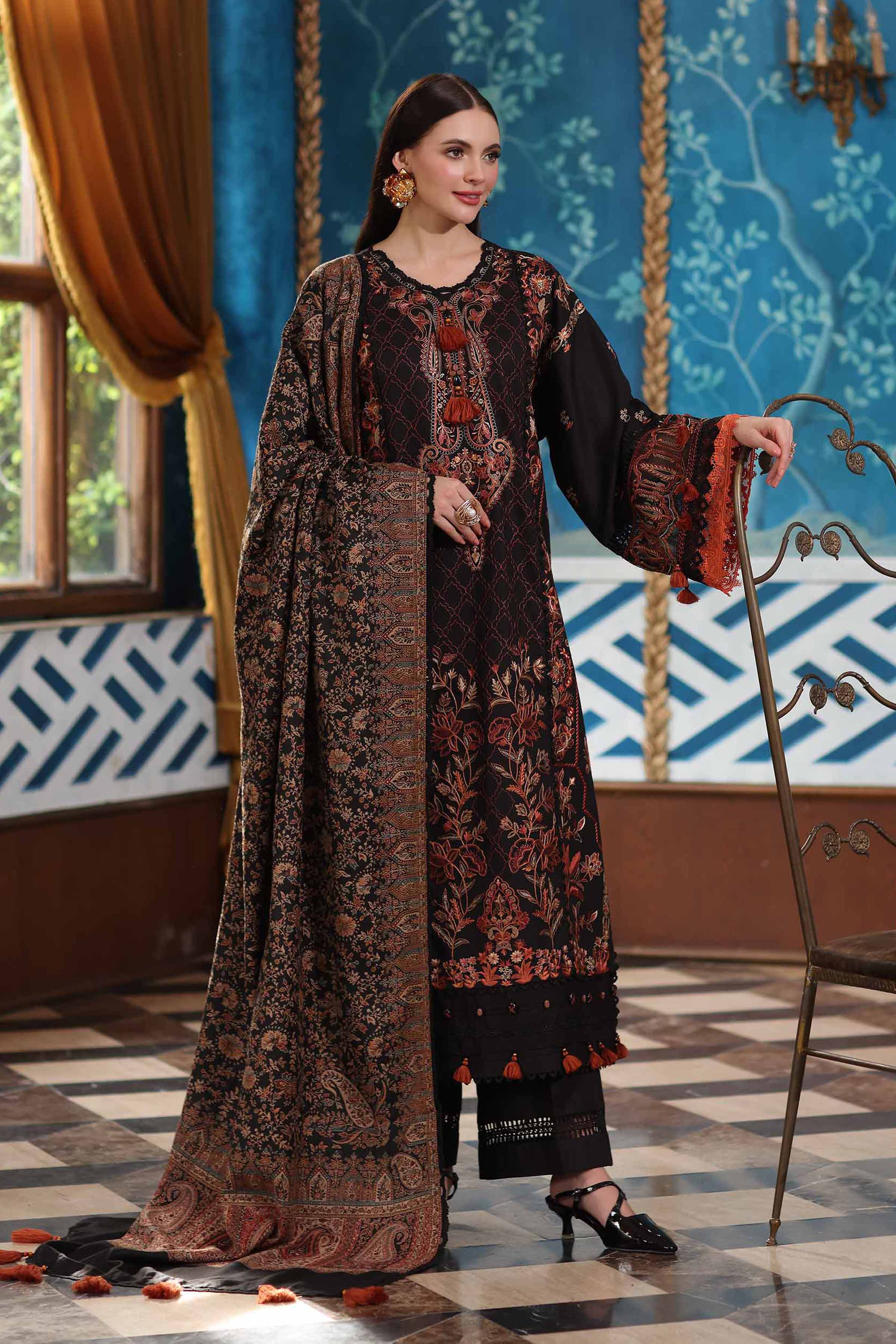 NISHATUAE - Black Embroidered Karandi 3-piece Unstitched Suit