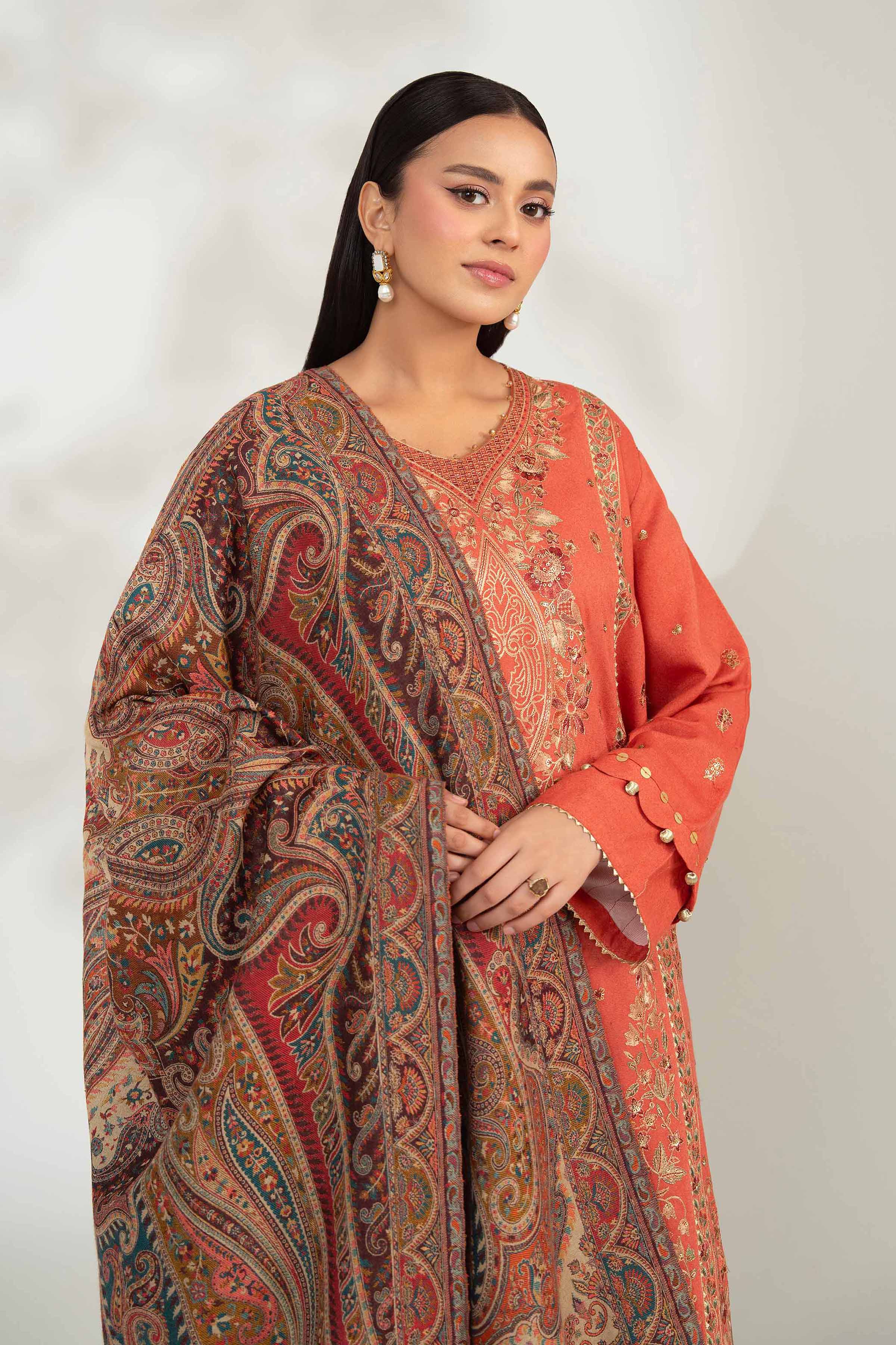 NISHATUAE - Coral Embroidered Karandi 3-piece Unstitched Suit
