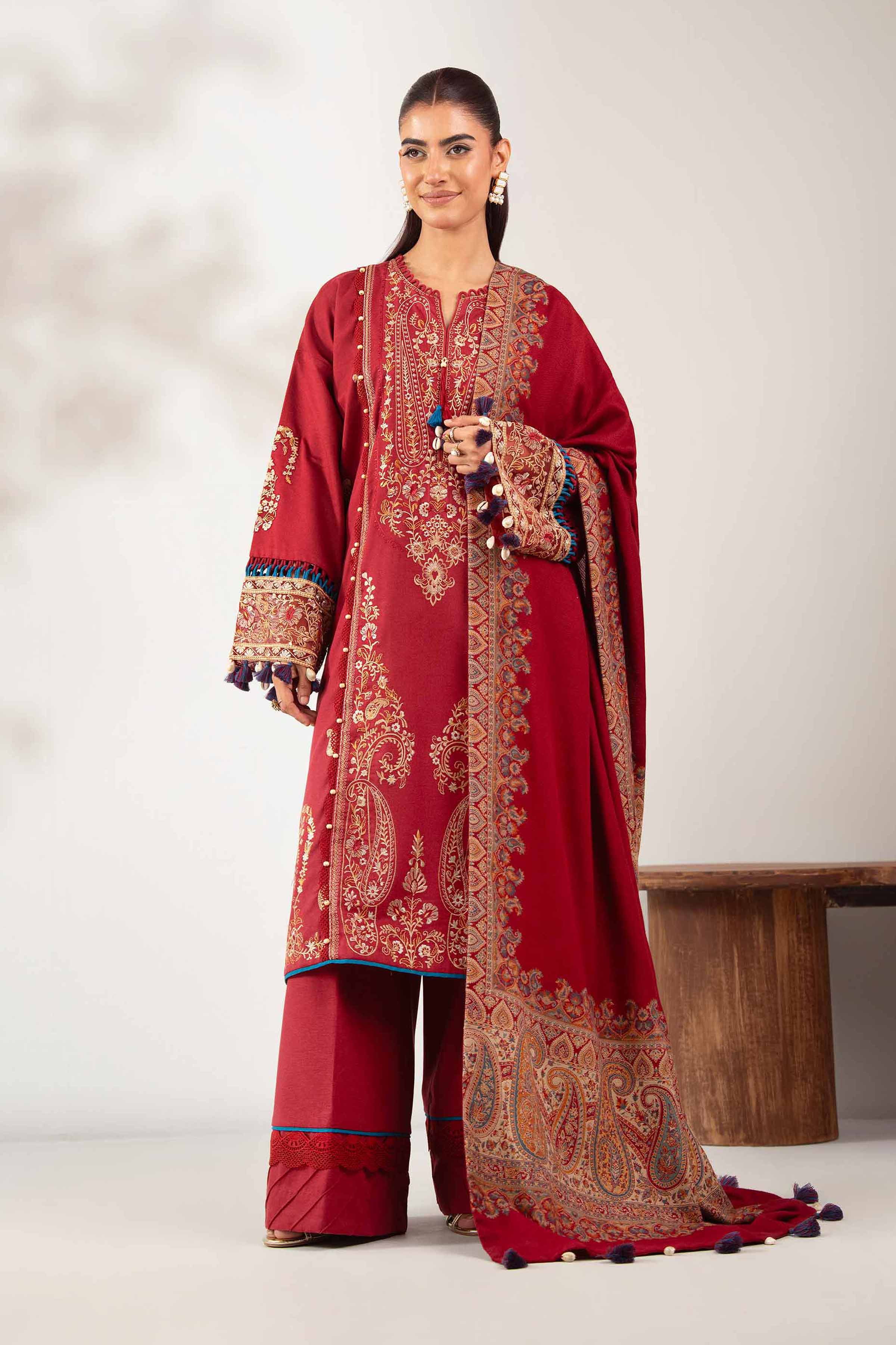 NISHATUAE - Maroon Embroidered Karandi 3-piece Unstitched Suit