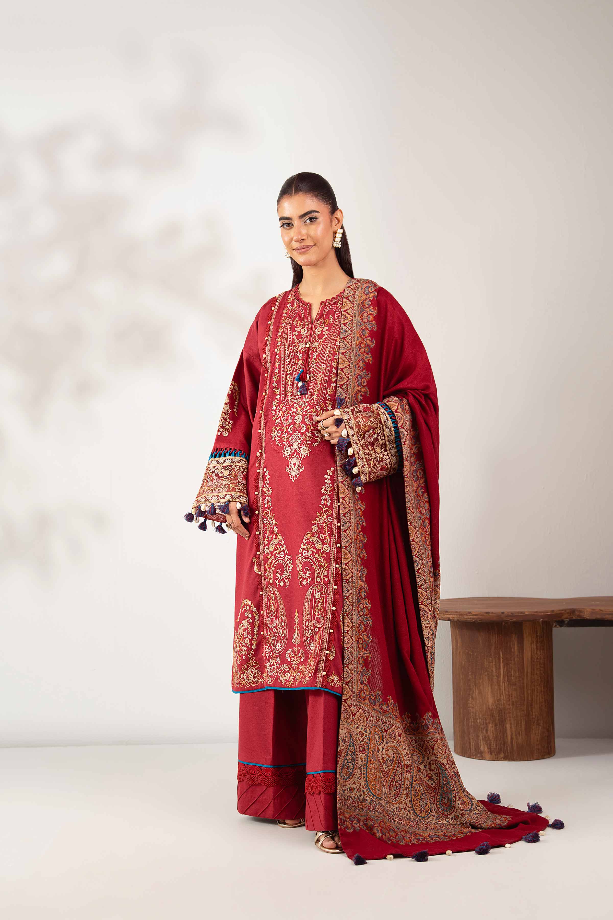 NISHATUAE - Maroon Embroidered Karandi 3-piece Unstitched Suit