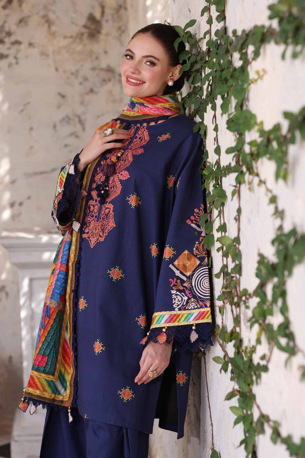 NishatUAE -  Blue & Multi Embroidered Cotton 3-piece Unstitched Suit
