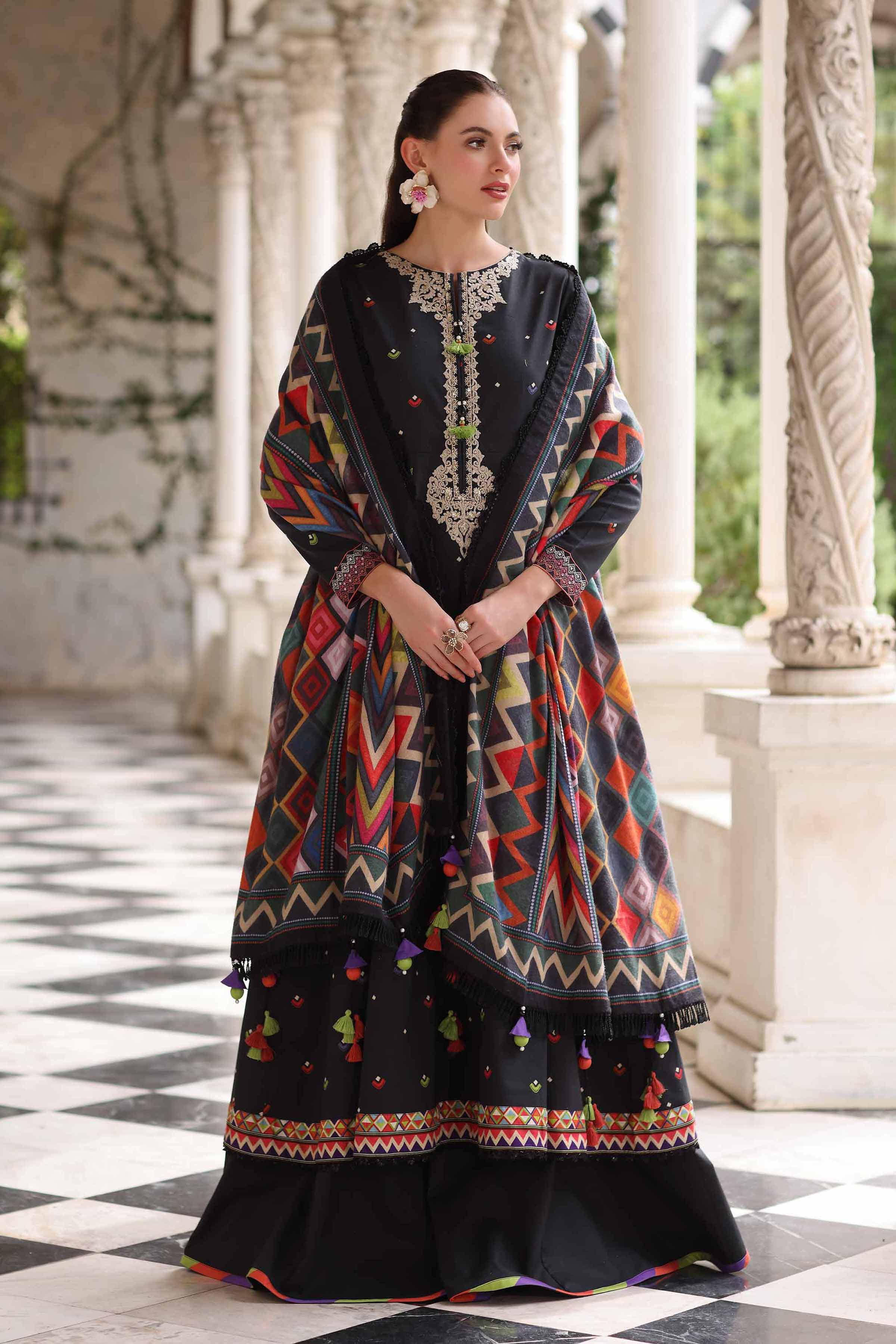 Buy Black Embroidered Cotton 3-piece Unstitched Suit