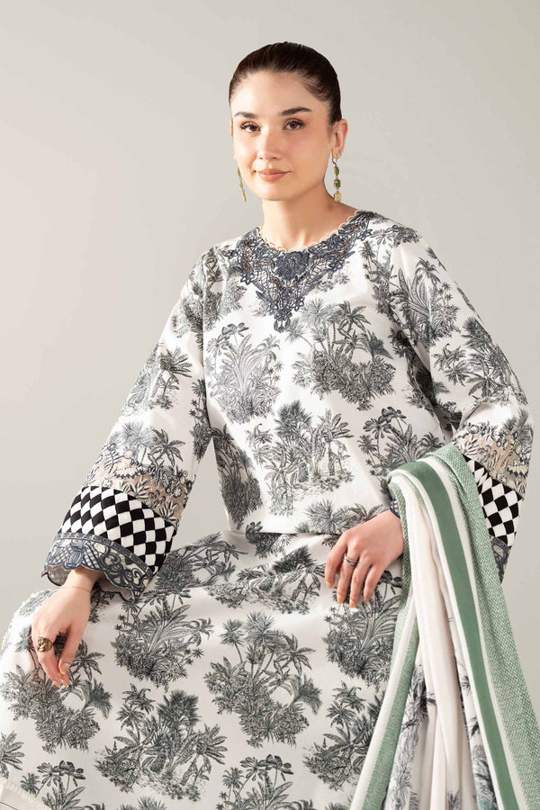 NishatUAE -  Off White & Green Embroidered Cotton 3-piece Unstitched Suit