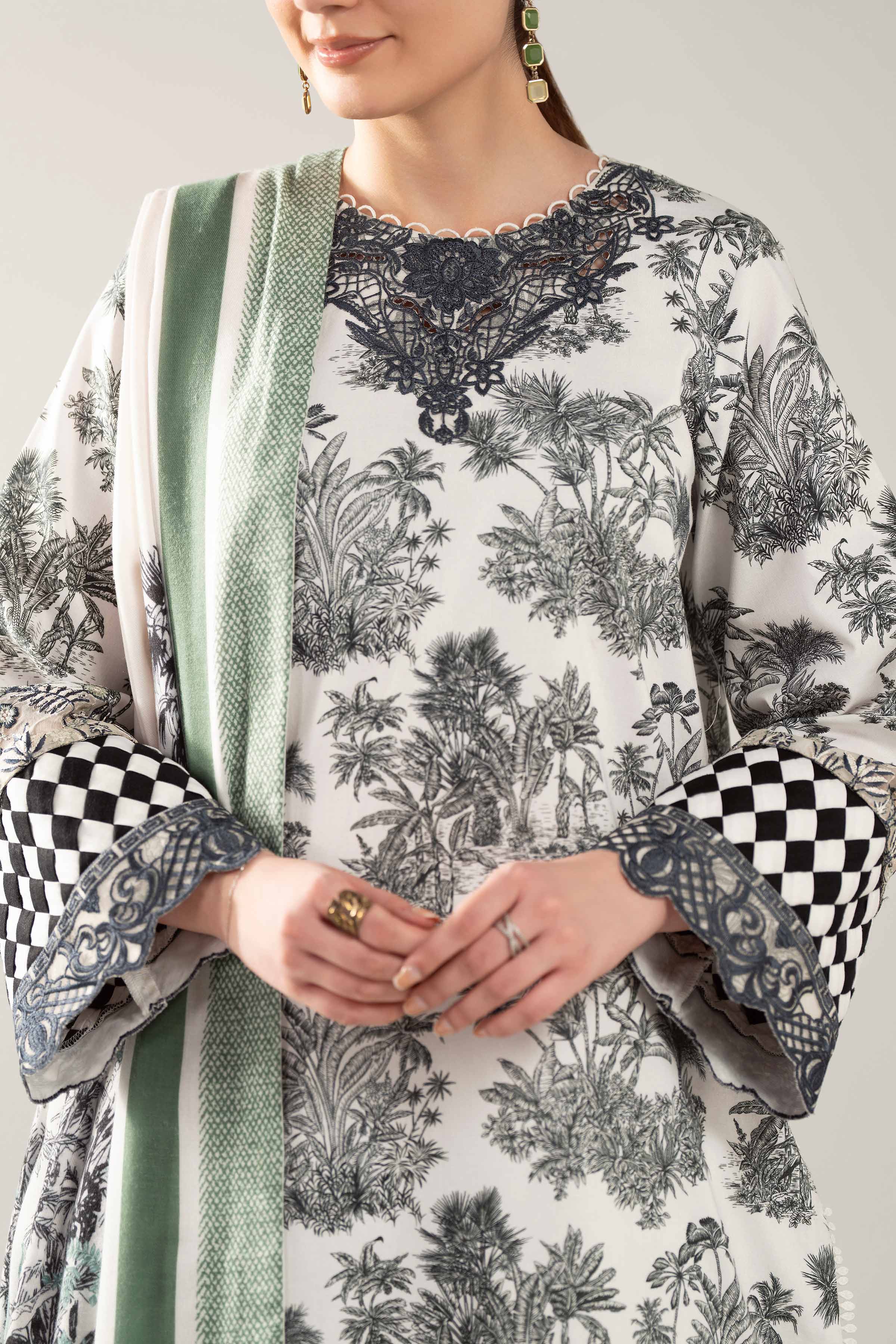 NishatUAE -  Off White & Green Embroidered Cotton 3-piece Unstitched Suit