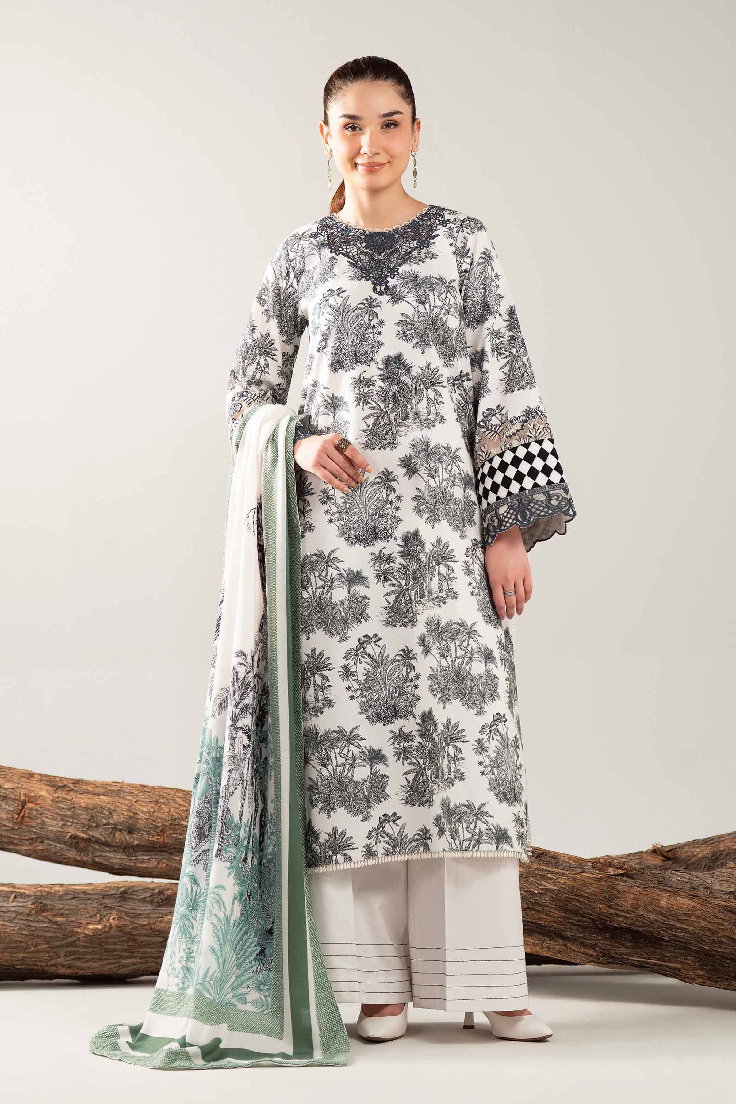 NishatUAE -  Off White & Green Embroidered Cotton 3-piece Unstitched Suit