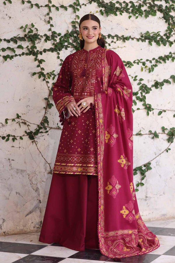 NishatUAE -  Maroon Embroidered Cotton 3-piece Unstitched Suit