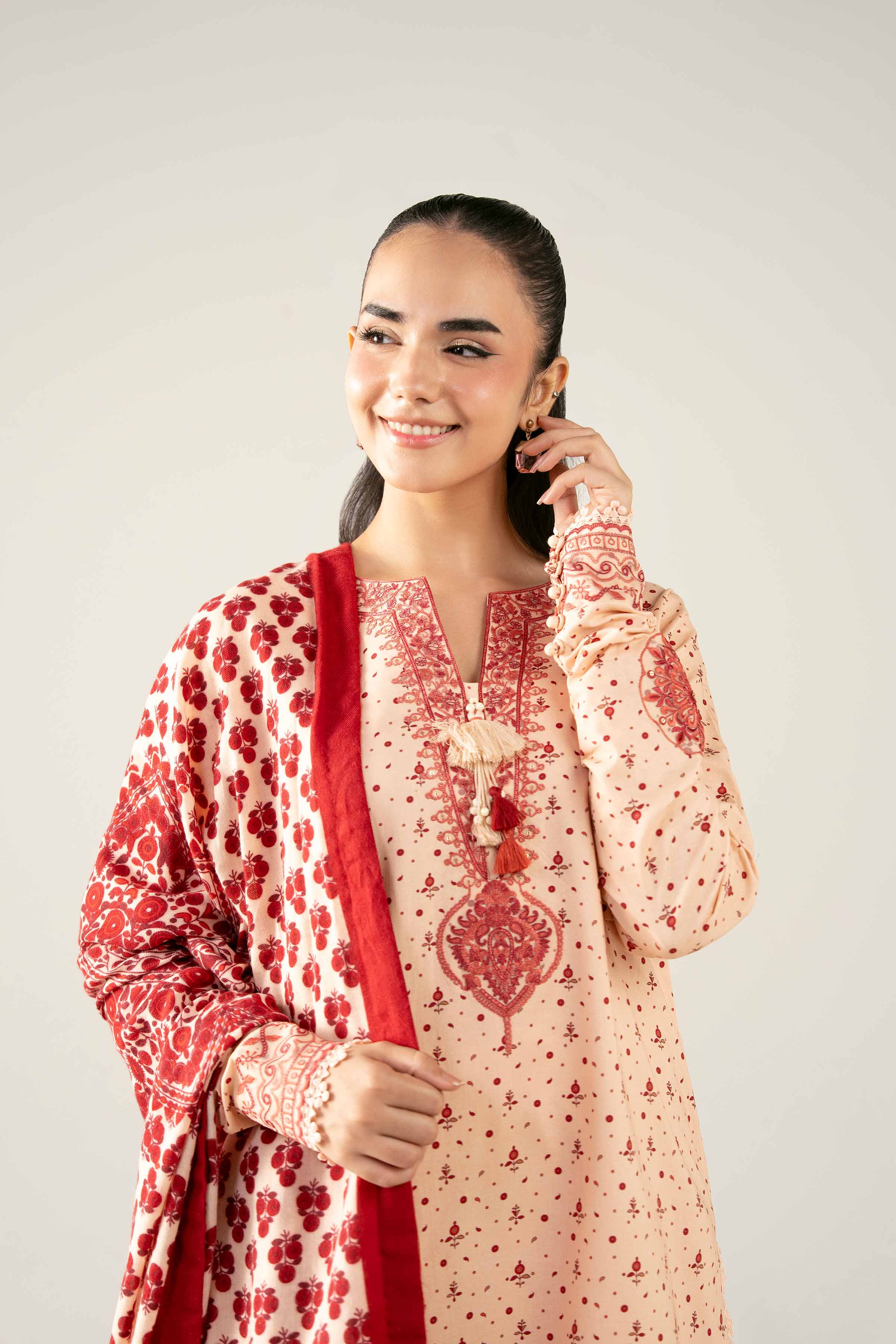 NishatUAE -  Peach & Maroon Embroidered Cotton 3-piece Unstitched Suit