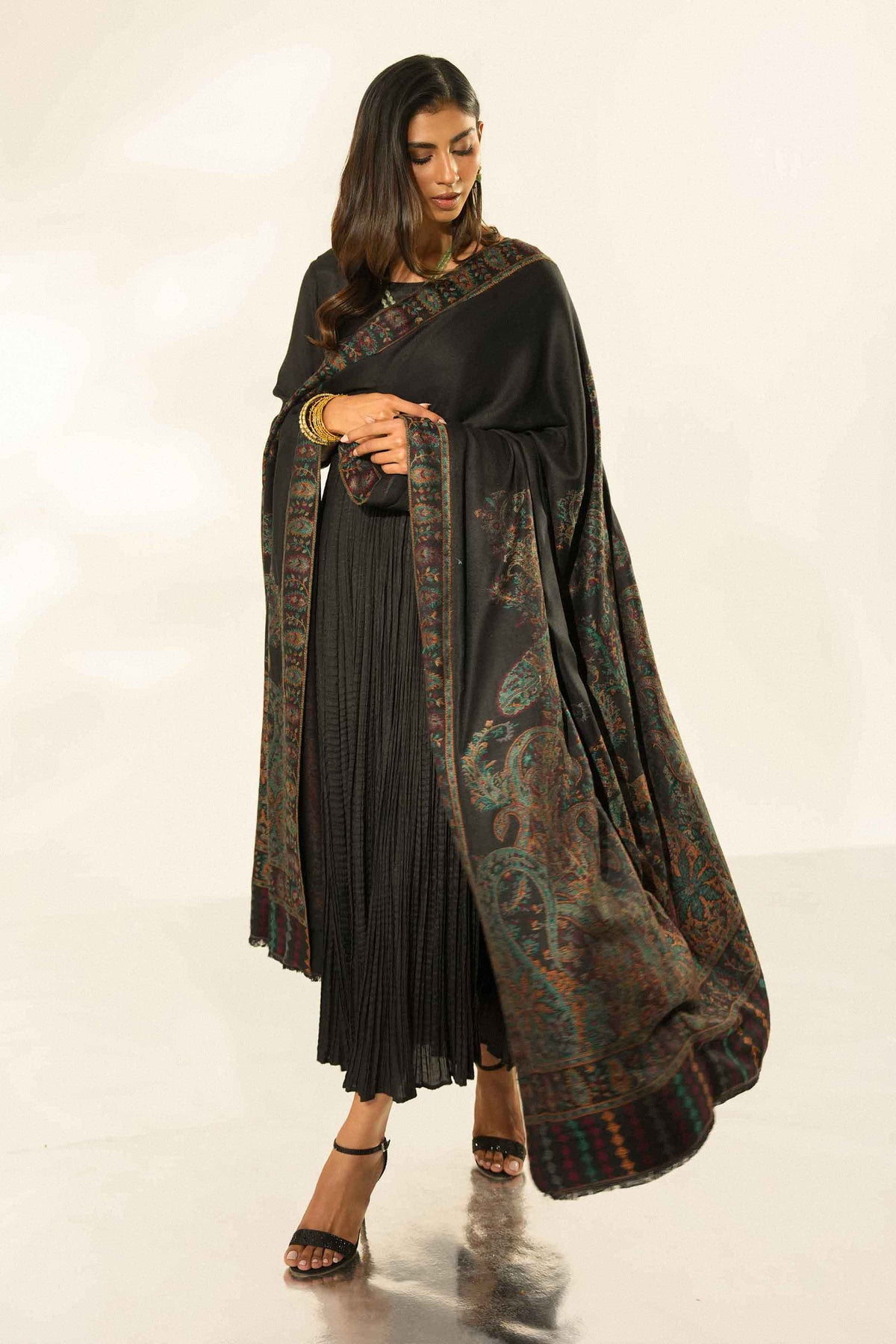 Black Embroidered Shawl in Jacquard