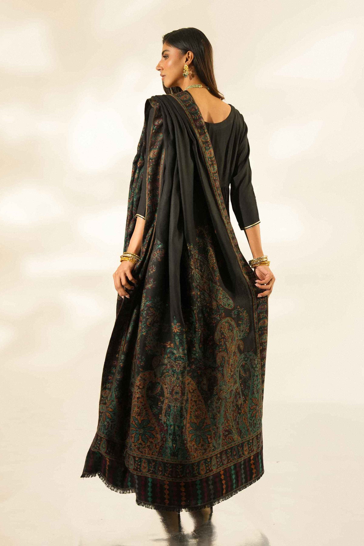 Black Embroidered Shawl in Jacquard