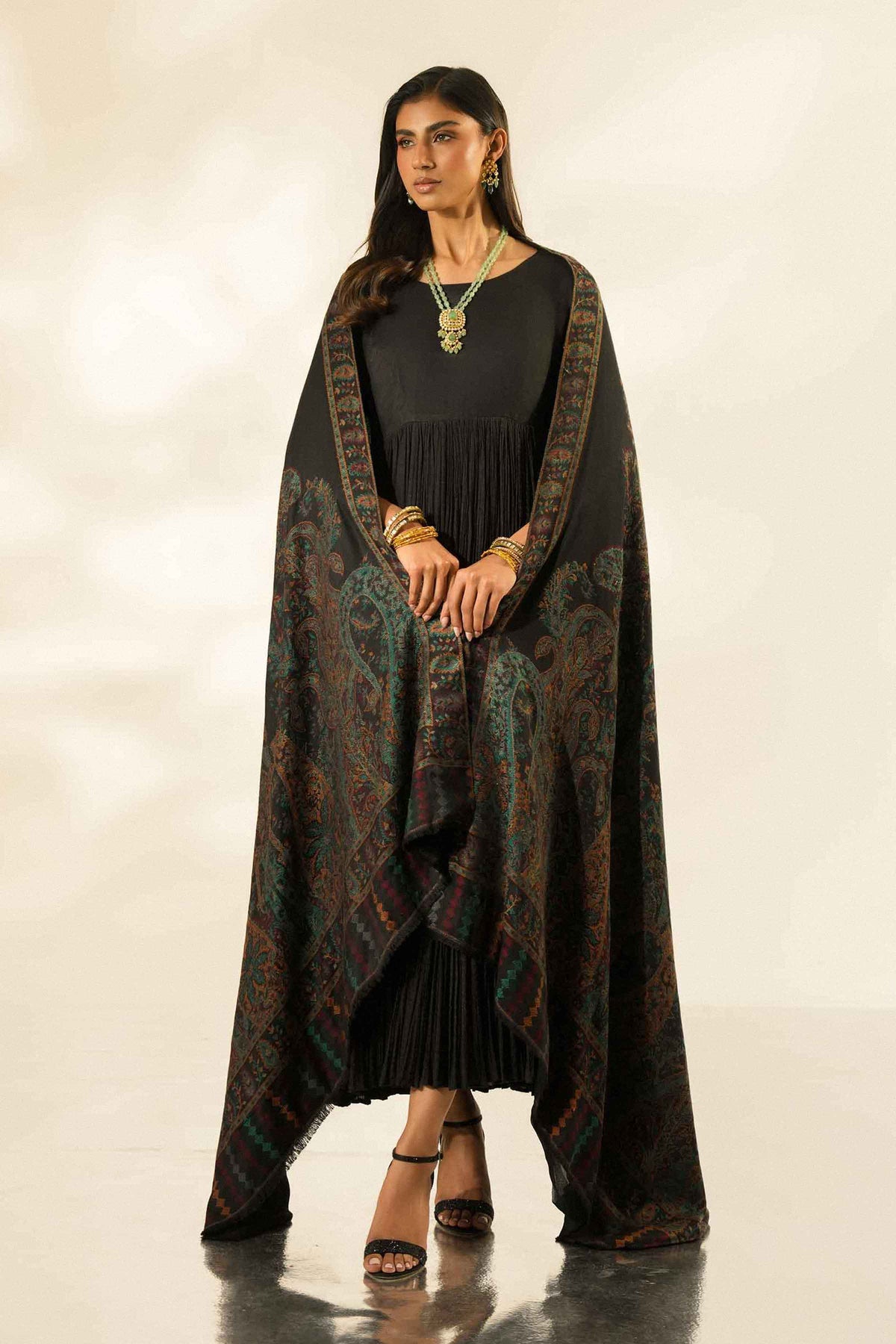 Black Embroidered Shawl in Jacquard