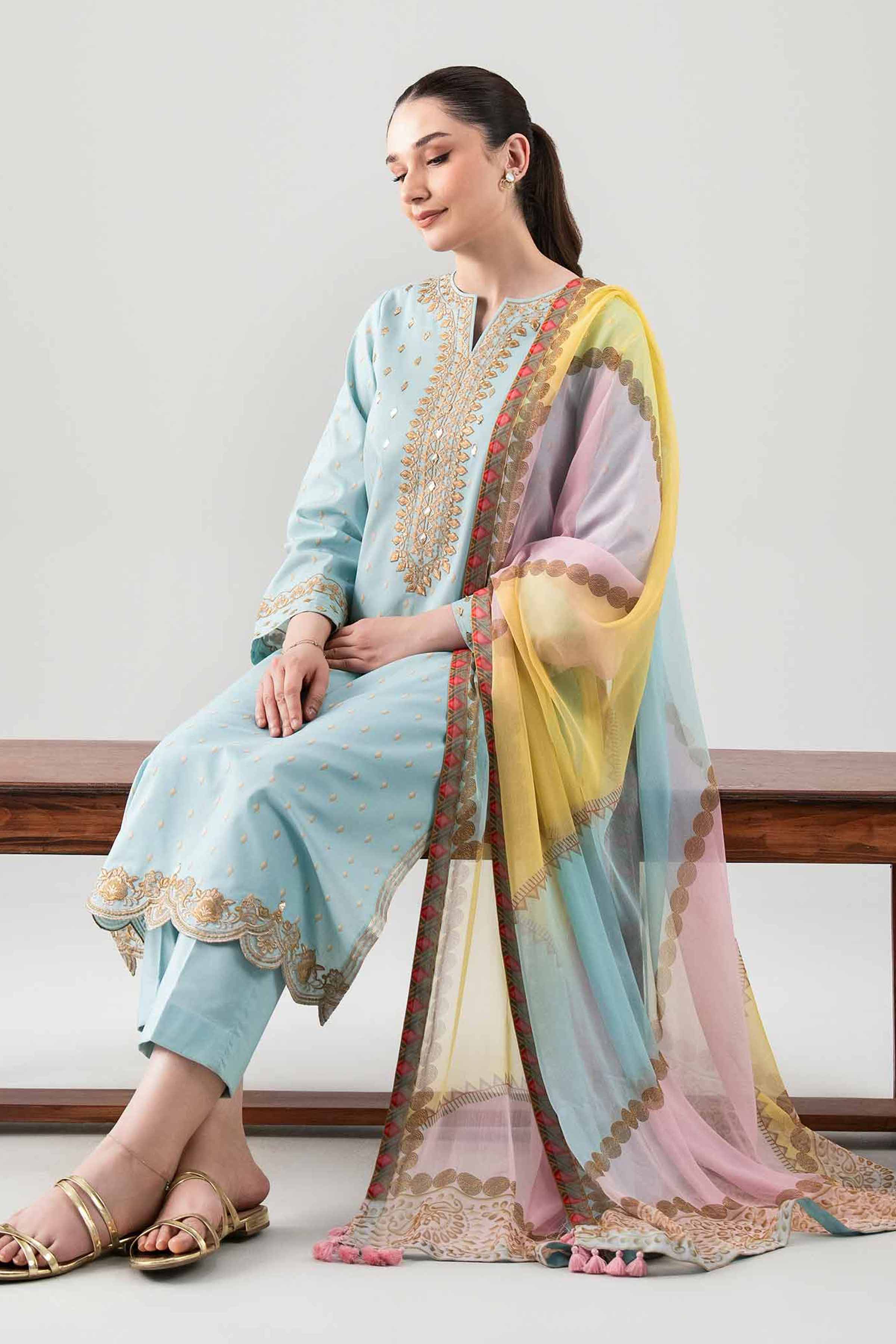 2 Piece - Digital Printed Embroidered Suit - 42601016 NishatUAE Blue Lawn 2PC Embroidered Unstitched