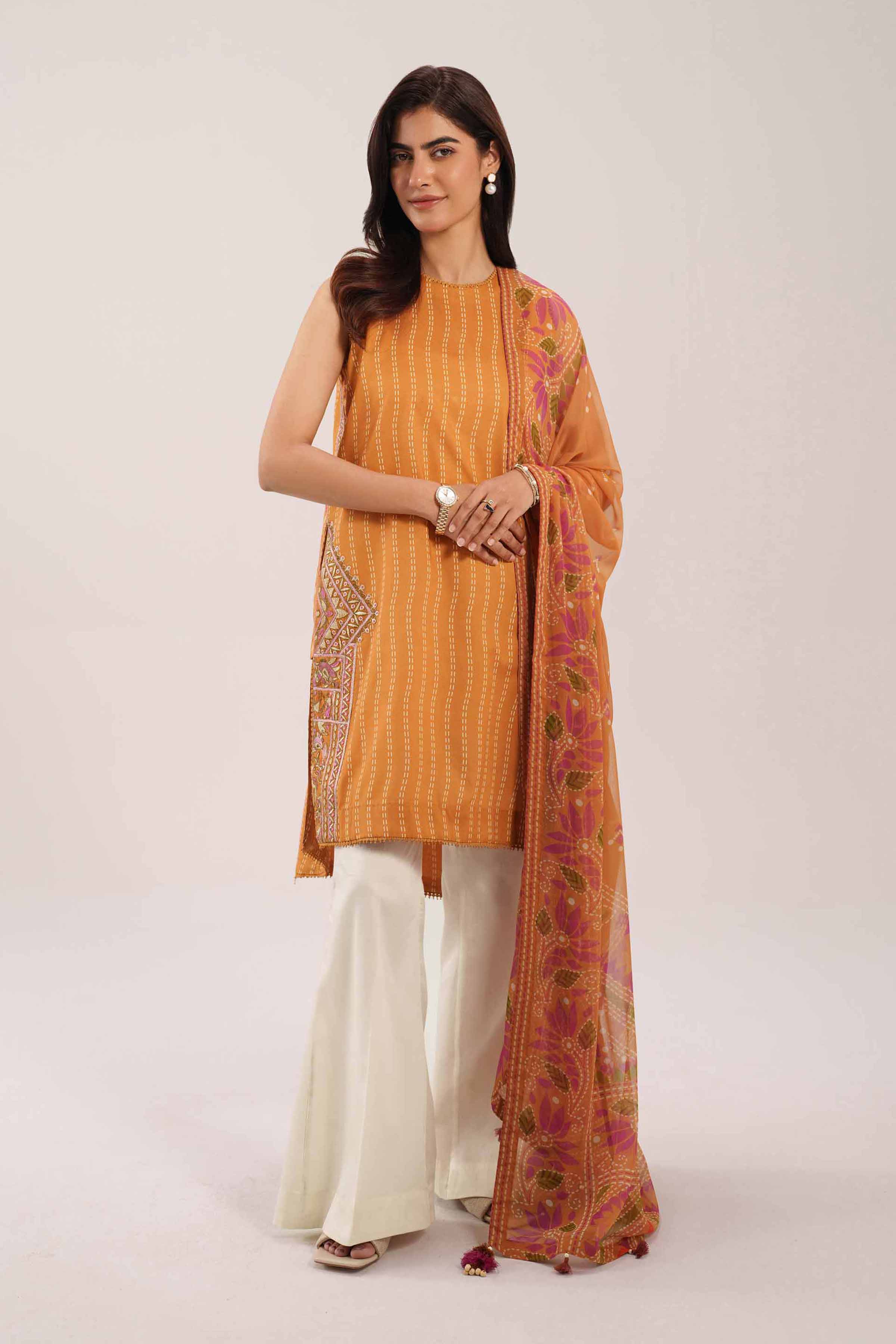 2 Piece - Digital Printed Embroidered Suit - 42601018 NishatUAE Orange Lawn 2PC Embroidered Unstitched