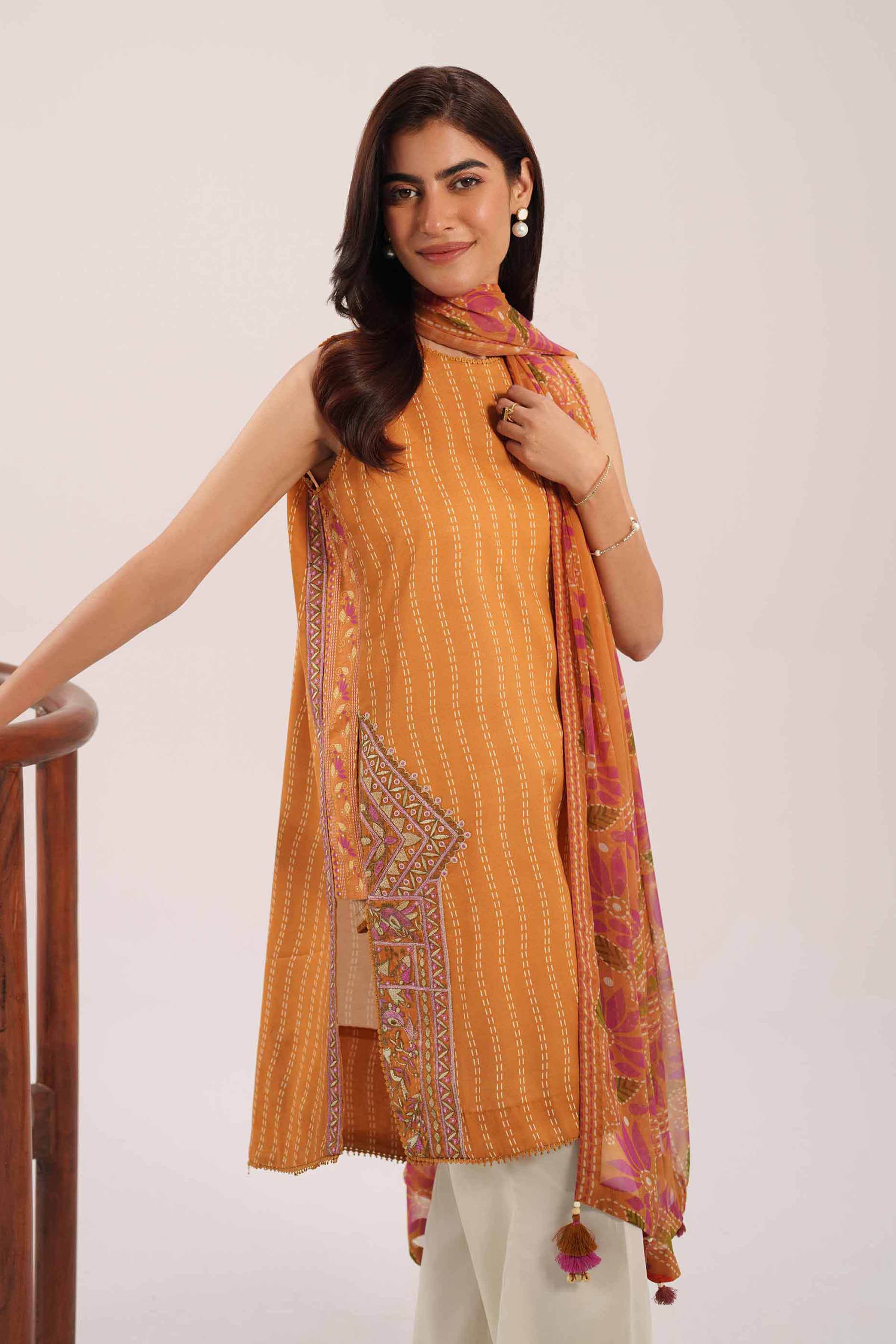 2 Piece - Digital Printed Embroidered Suit - 42601018 NishatUAE Orange Lawn 2PC Embroidered Unstitched