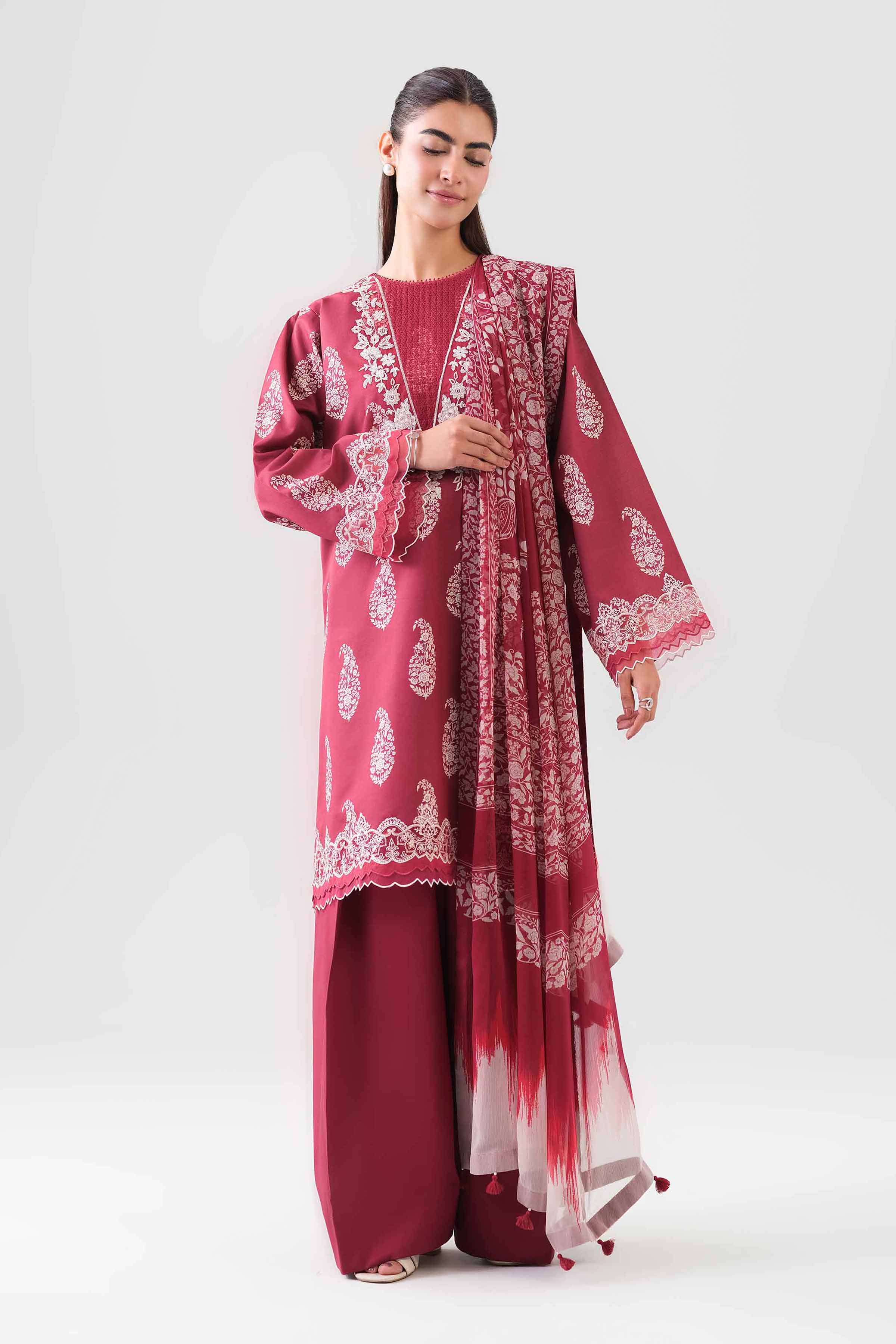 2 Piece - Digital Printed Embroidered Suit - 42601019 NishatUAE Maroon Lawn 2PC Embroidered Unstitched
