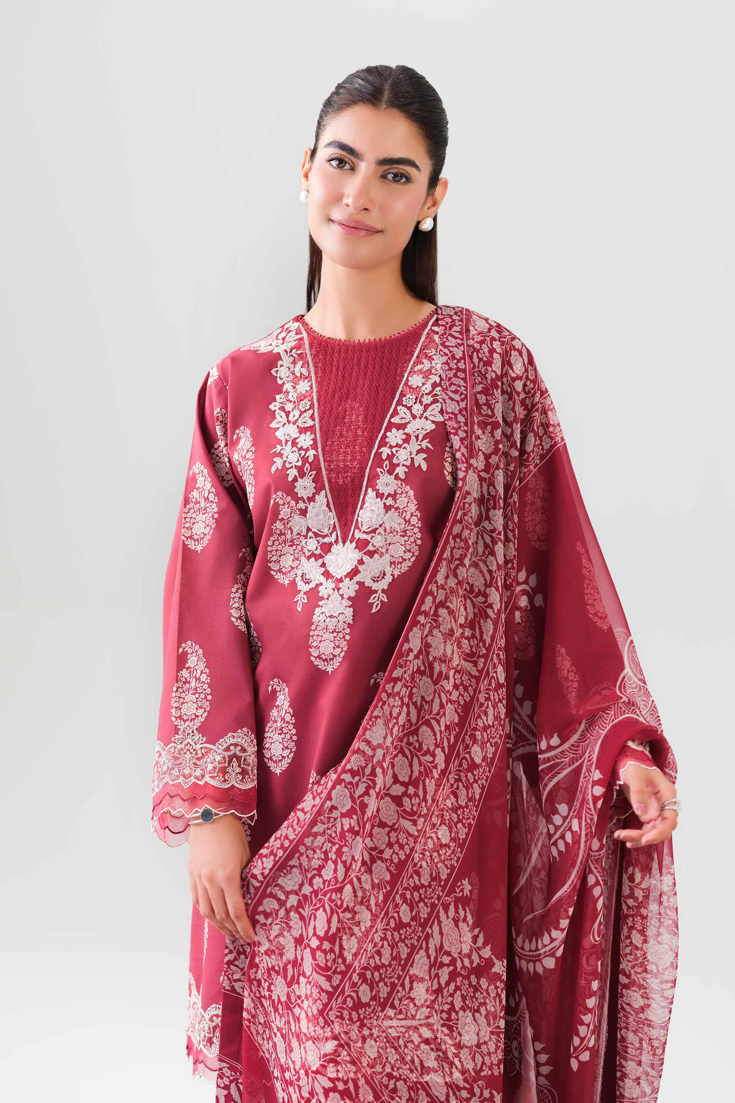 2 Piece - Digital Printed Embroidered Suit - 42601019 NishatUAE Maroon Lawn 2PC Embroidered Unstitched