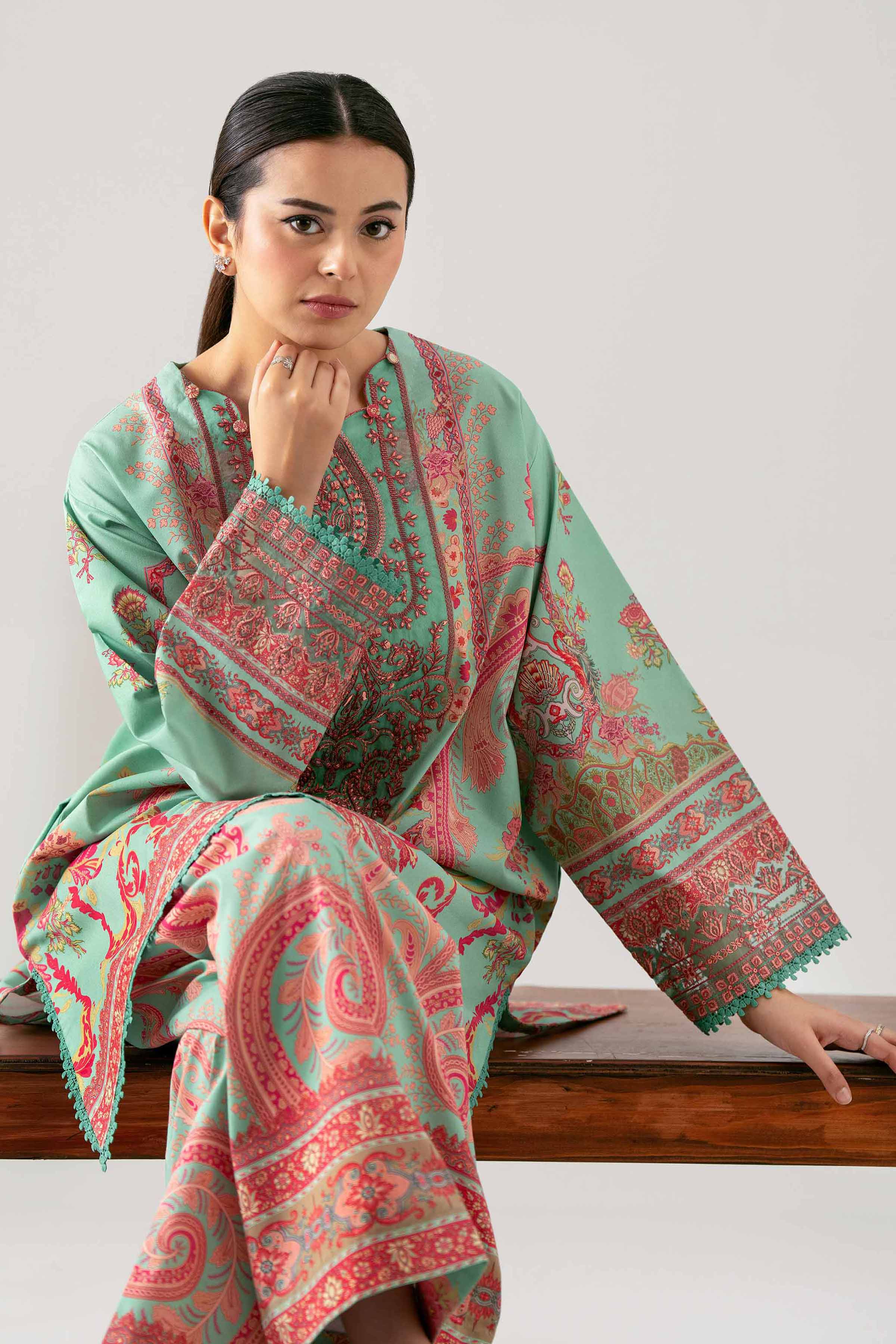 2 Piece - Digital Printed Embroidered Suit - 42601060 NishatUAE Green Lawn 2PC Embroidered Unstitched