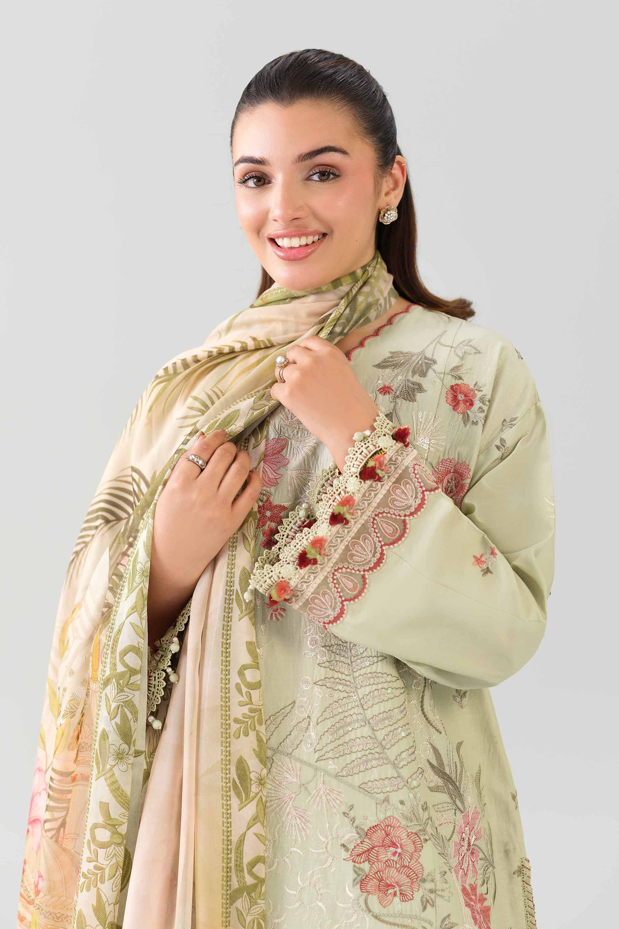 3 Piece - Digital Printed Embroidered Suit - 42601074 Green Cotton 3PC Embroidered