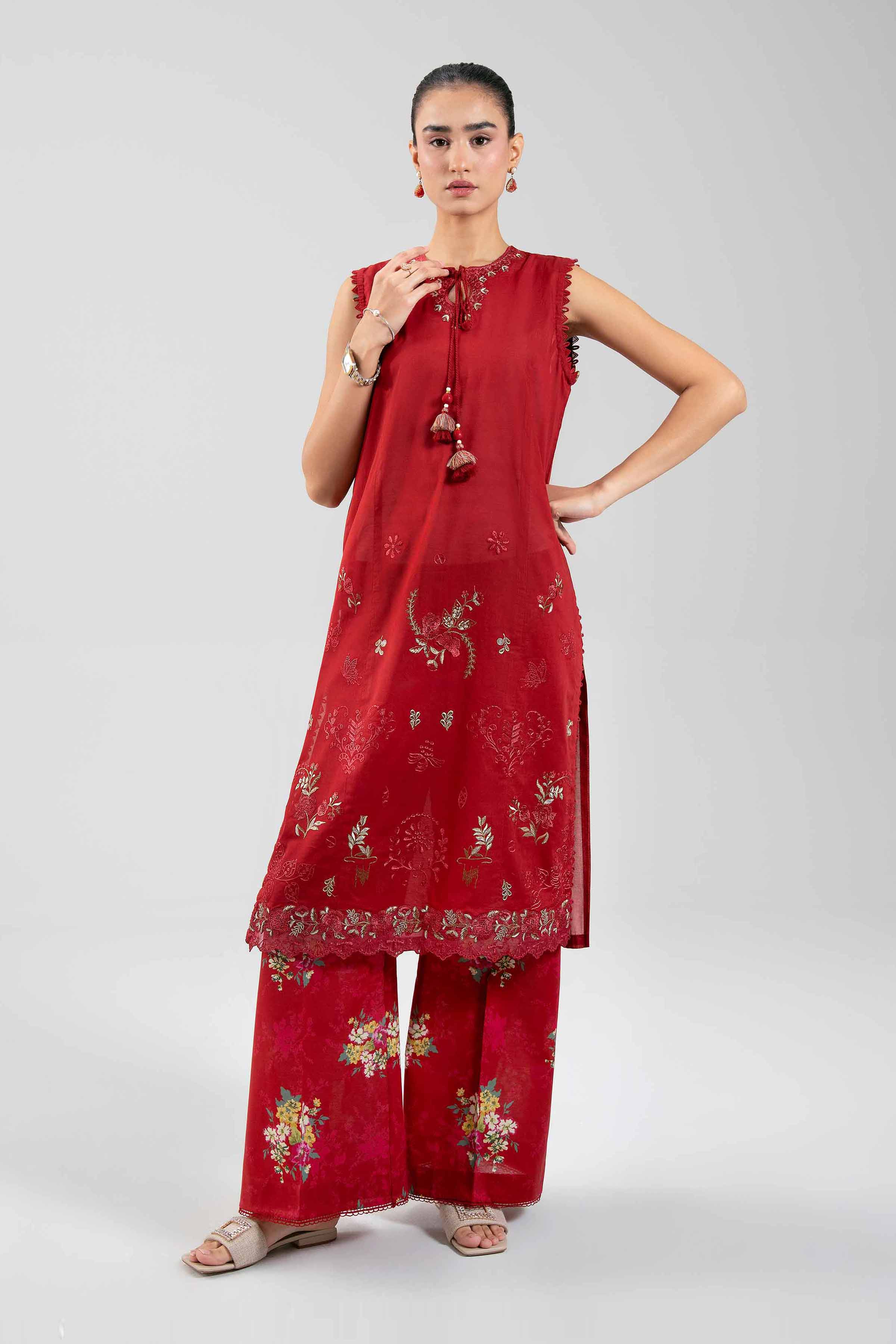 2 Piece - Digital Printed Embroidered Suit - 42601086 Red Cambric 2PC Embroidered