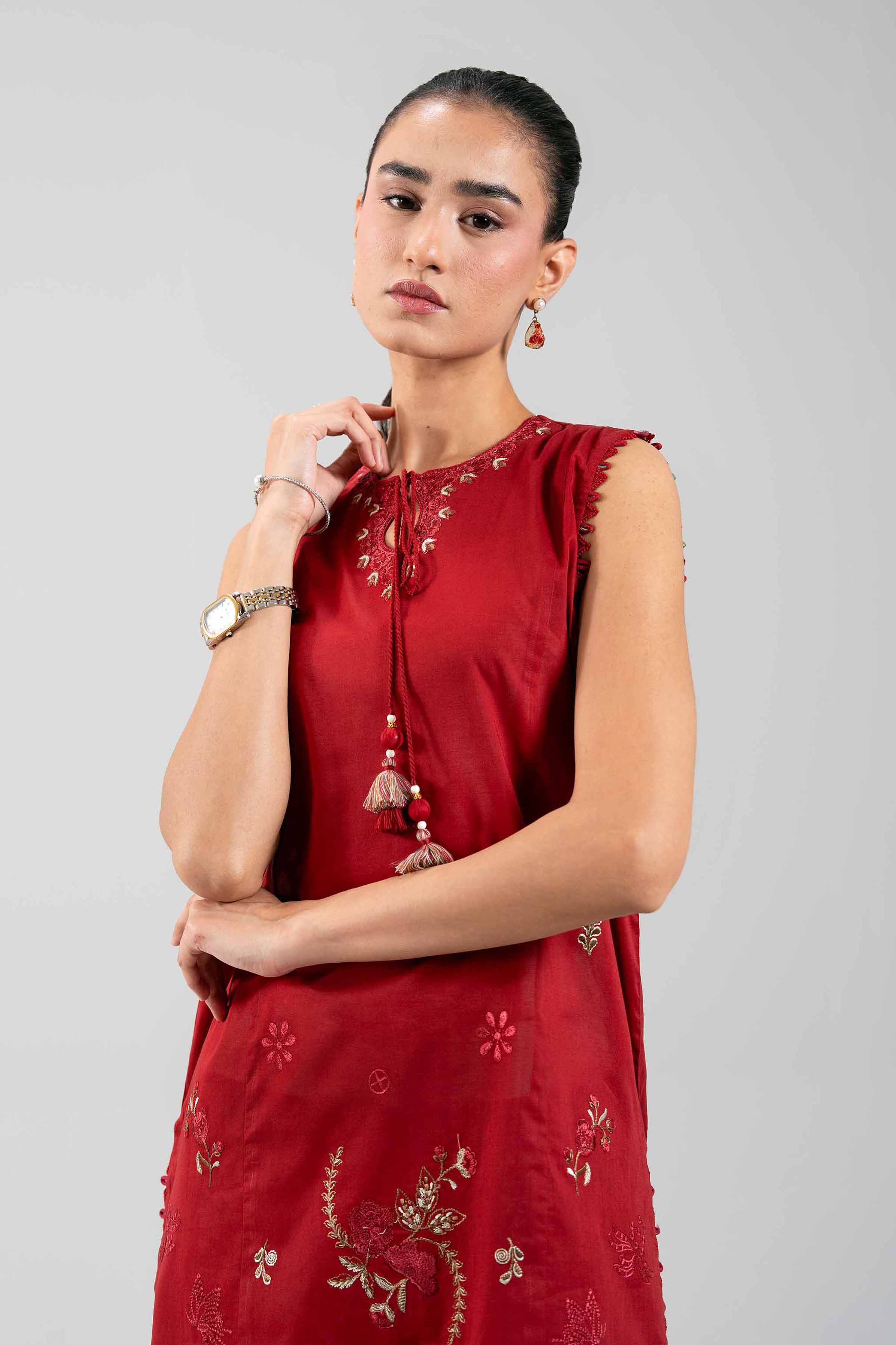 2 Piece - Digital Printed Embroidered Suit - 42601086 Red Cambric 2PC Embroidered