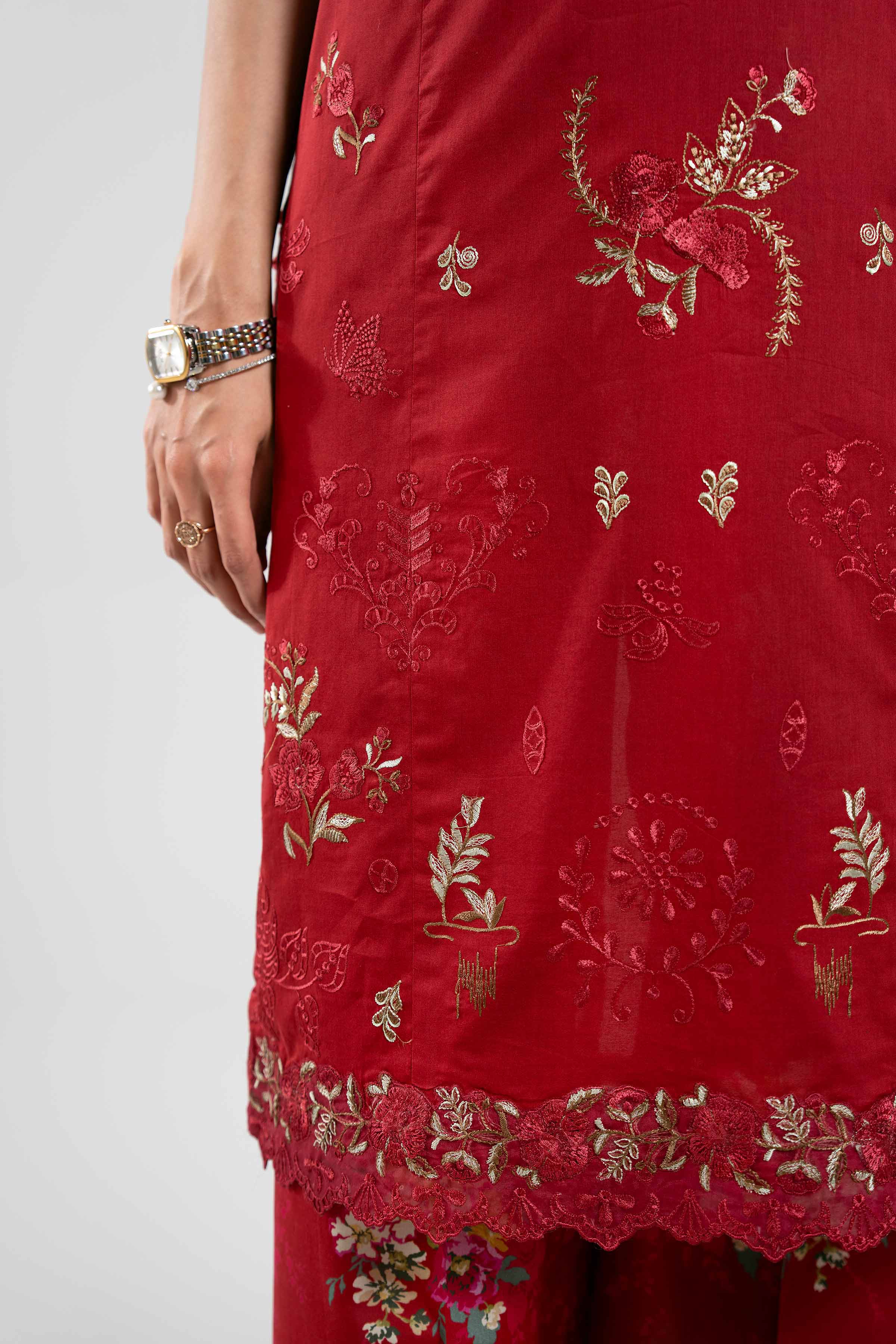 2 Piece - Digital Printed Embroidered Suit - 42601086 Red Cambric 2PC Embroidered