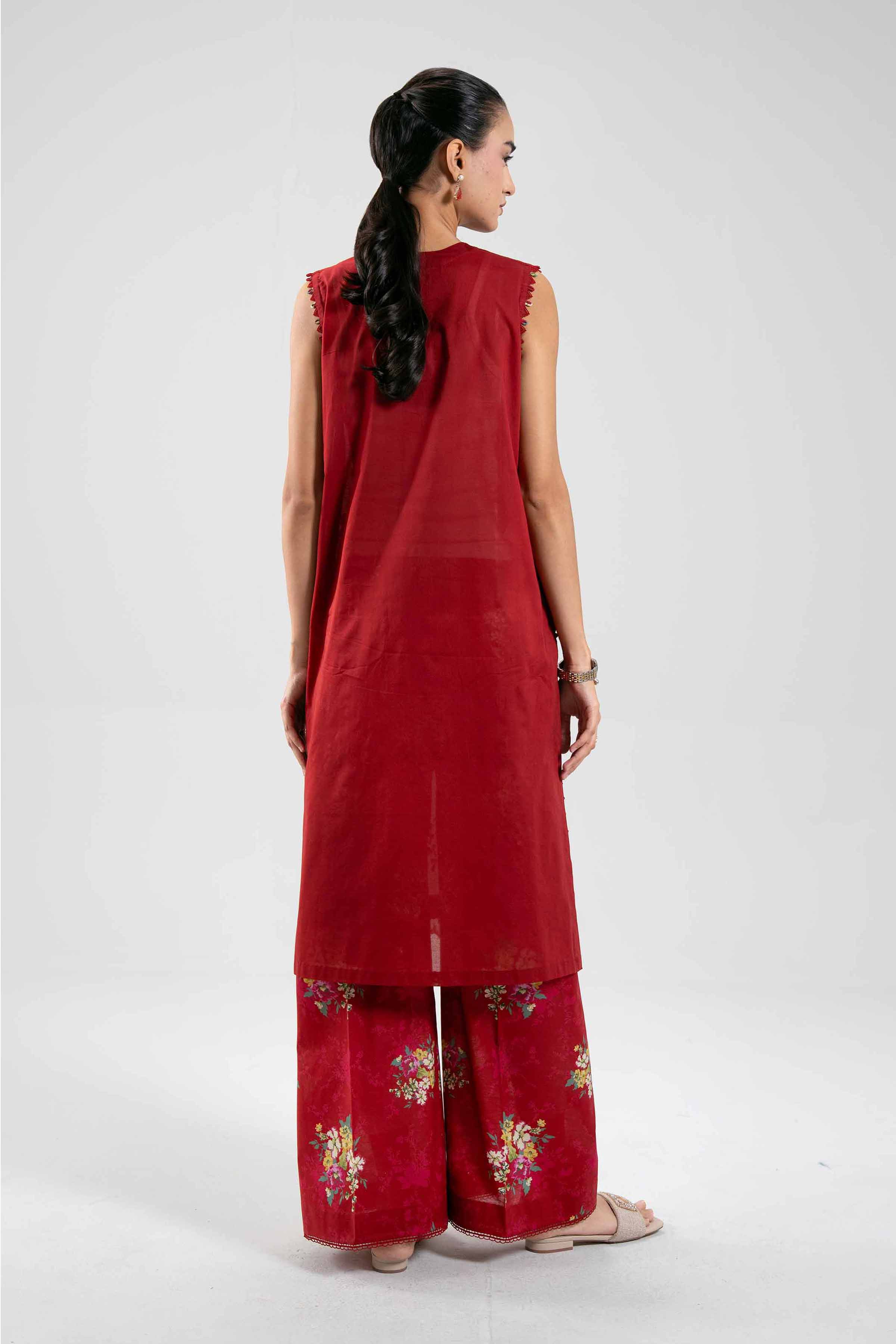 2 Piece - Digital Printed Embroidered Suit - 42601086 Red Cambric 2PC Embroidered