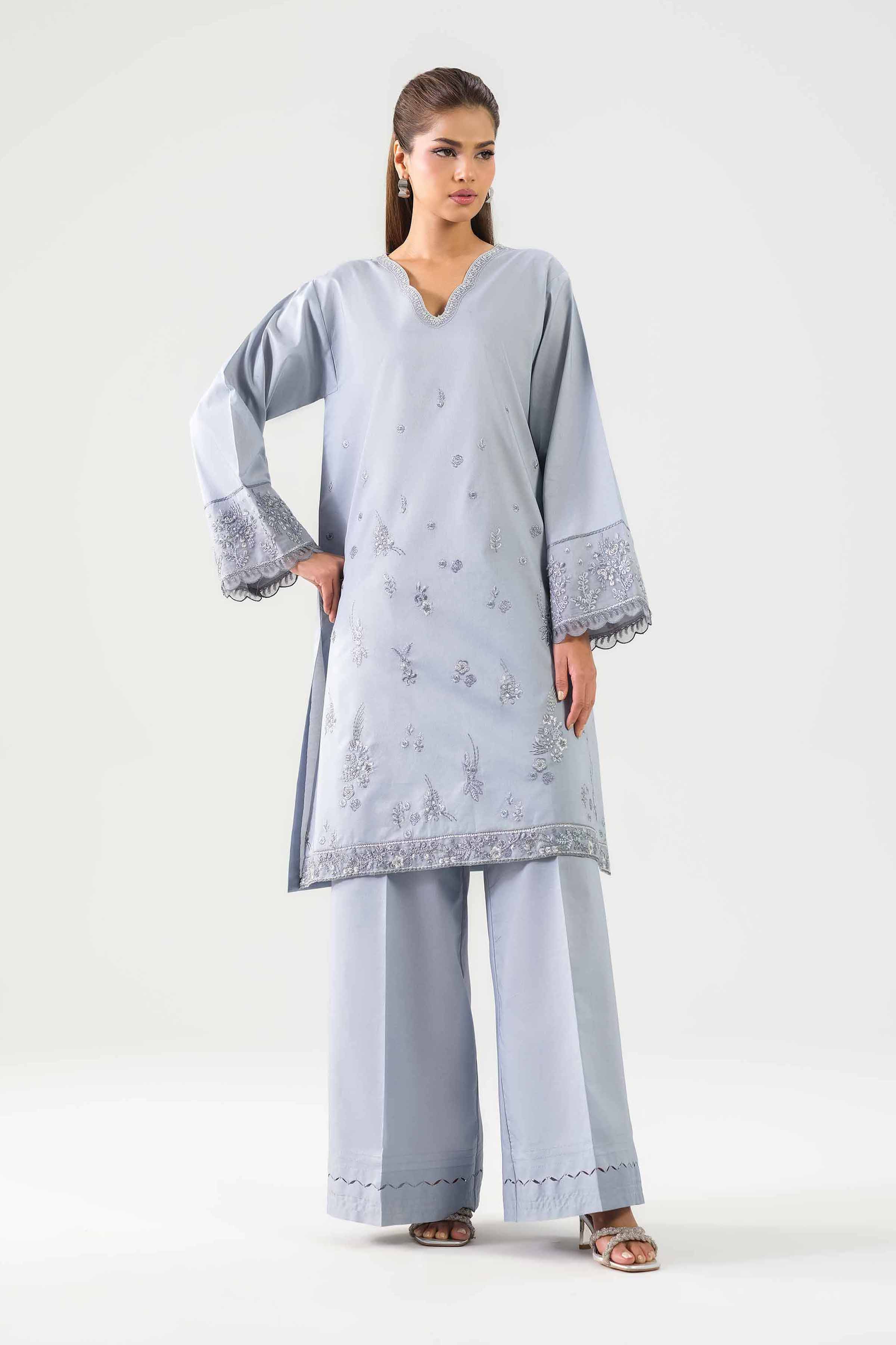 2 Piece - Embroidered Suit - 42601095 NishatUAE Grey Cambric 2PC Embroidered Unstitched