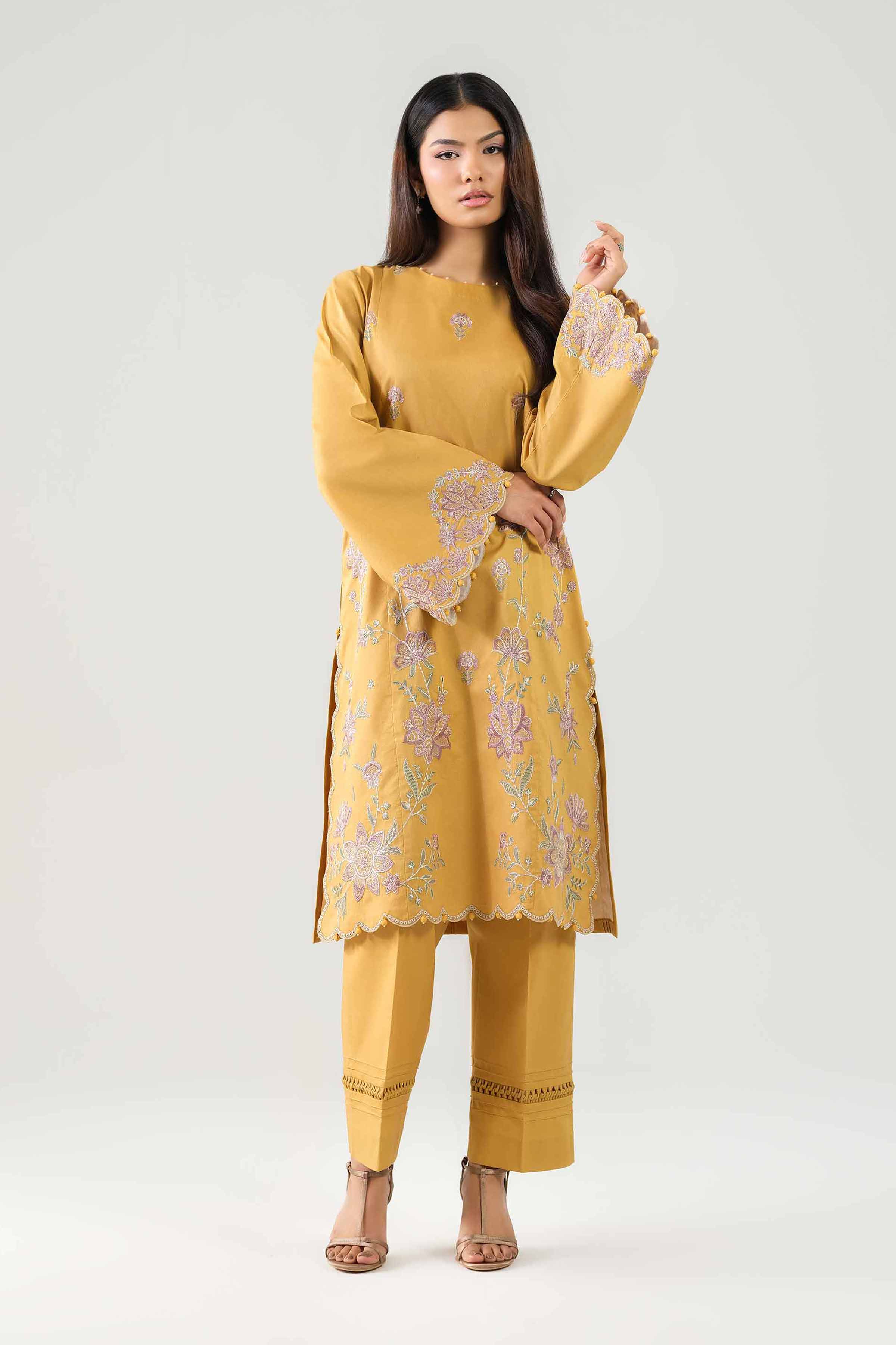 2 Piece - Embroidered Suit - 42601097 NishatUAE Yellow Cambric 2PC Embroidered Unstitched