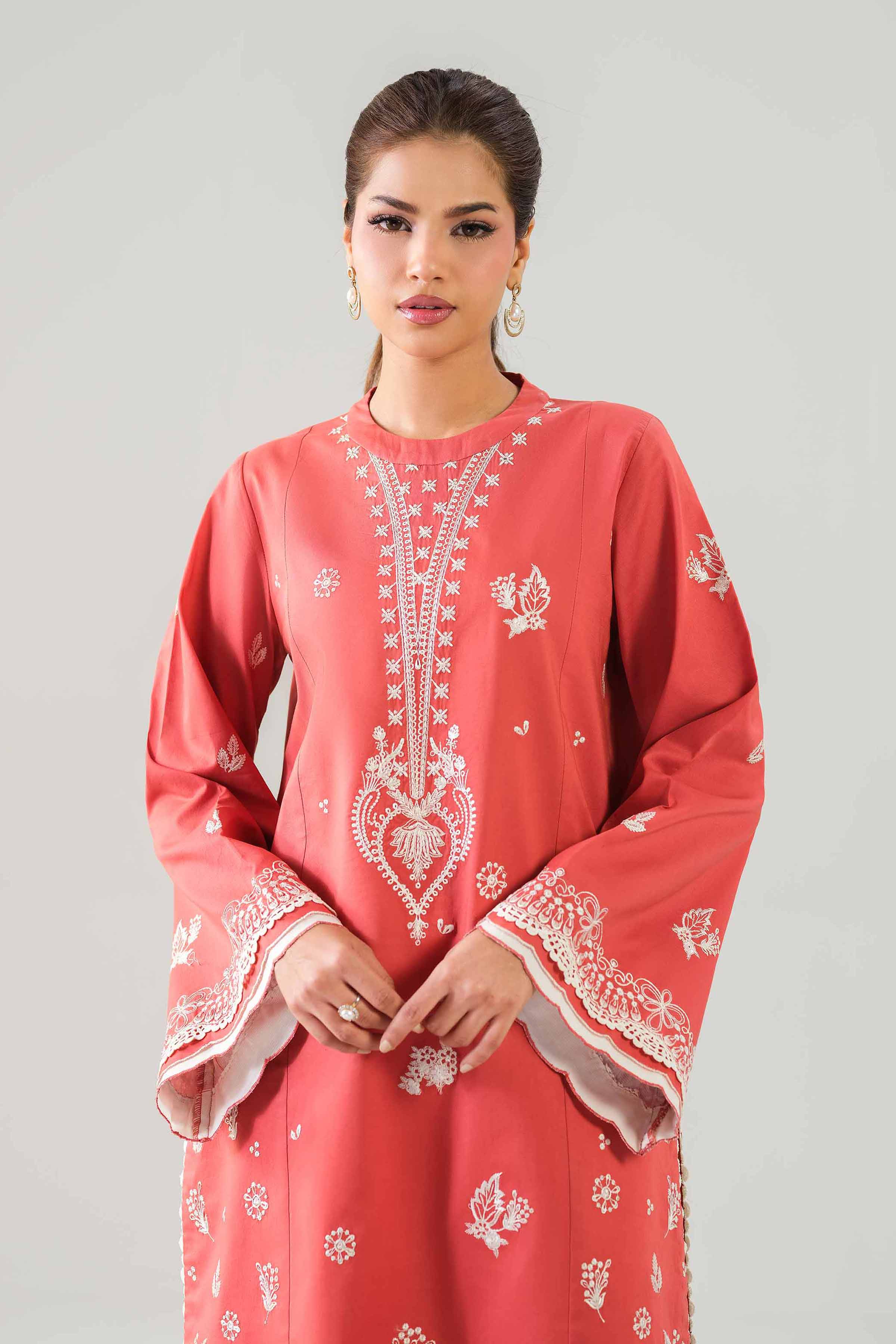 2 Piece - Embroidered Suit - 42601100 NishatUAE Orange Cambric 2PC Embroidered Unstitched