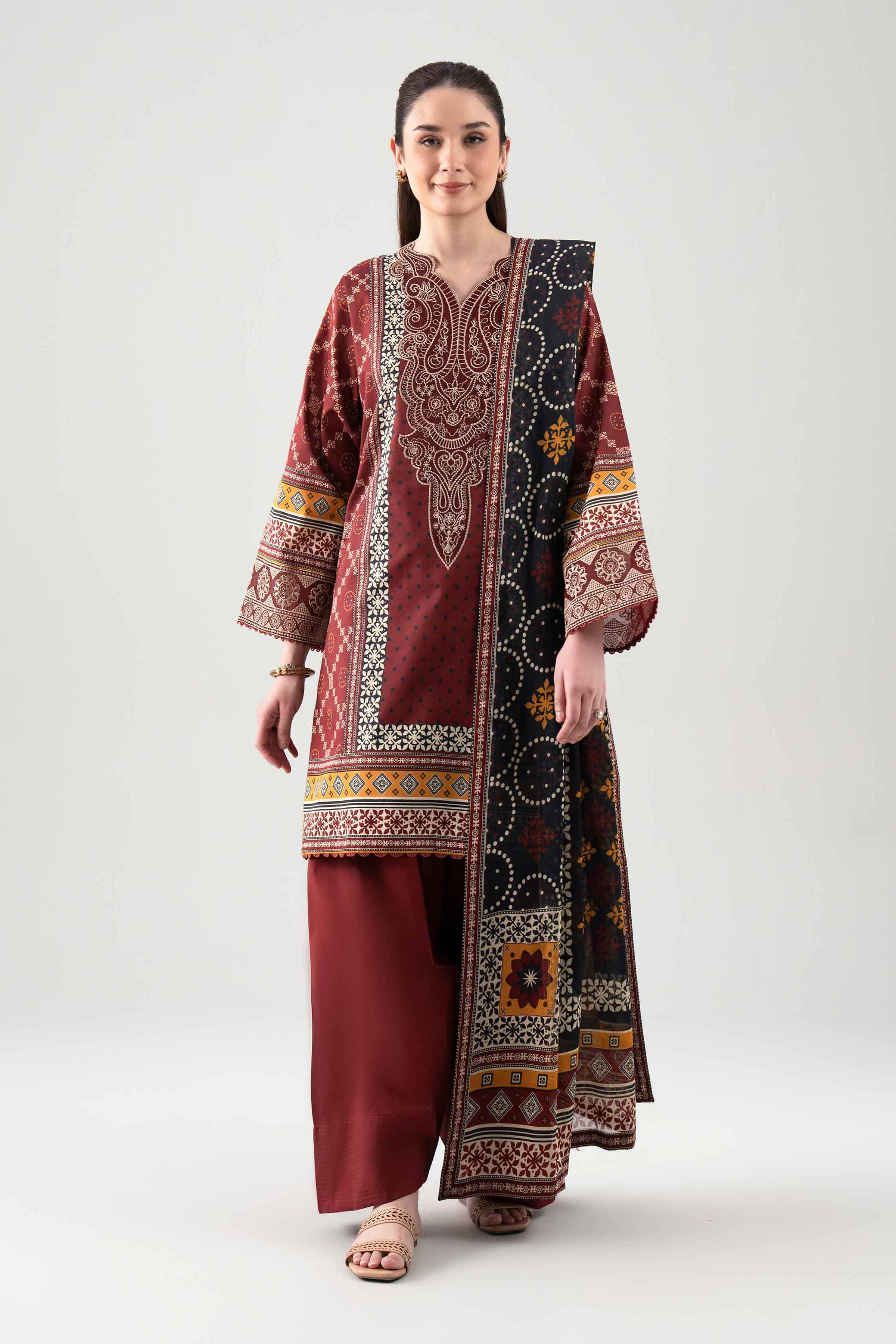 3 Piece - Digital Printed Embroidered Suit - 42601102 NishatUAE Brown Lawn 3PC Embroidered Unstitched