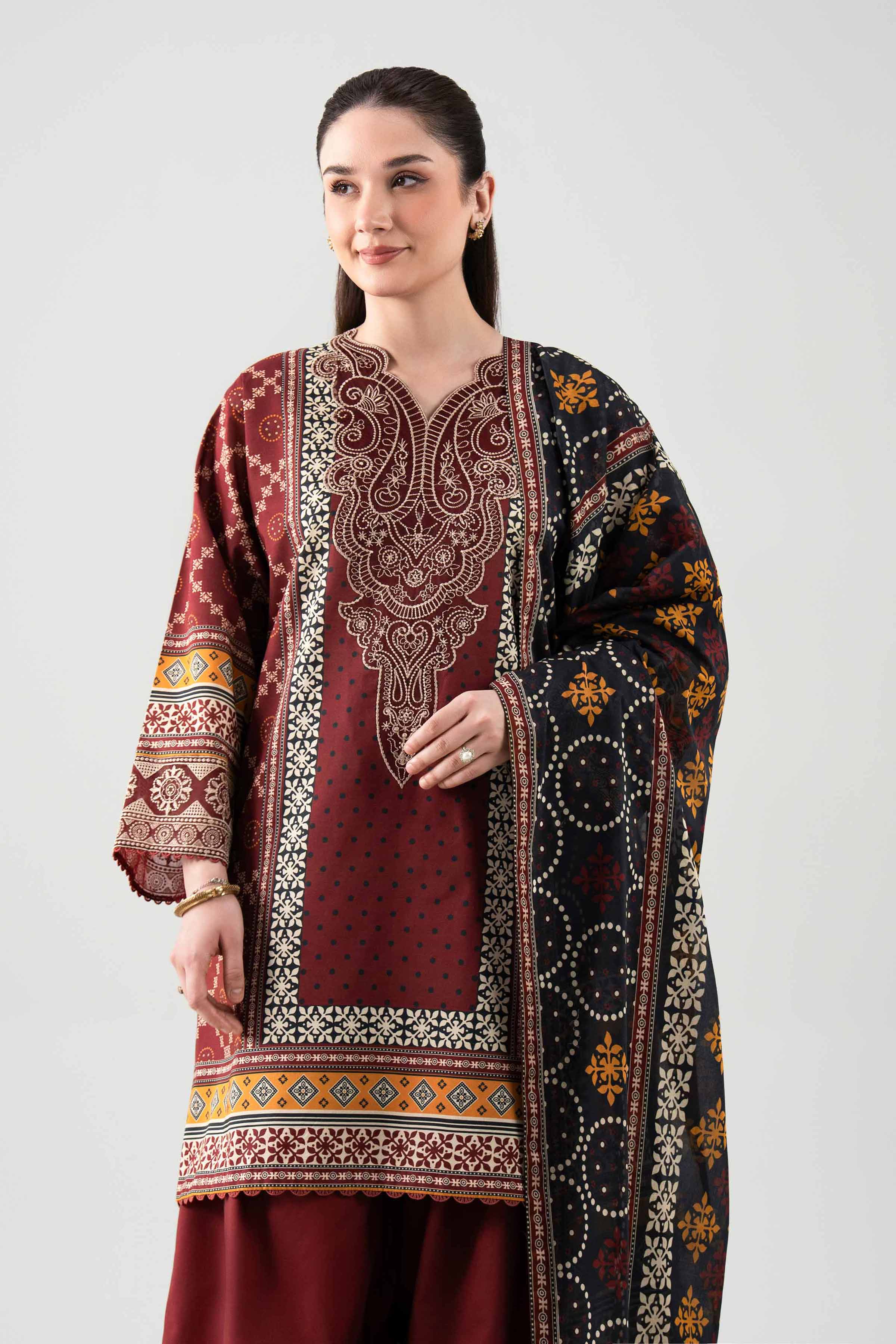 3 Piece - Digital Printed Embroidered Suit - 42601102 NishatUAE Brown Lawn 3PC Embroidered Unstitched