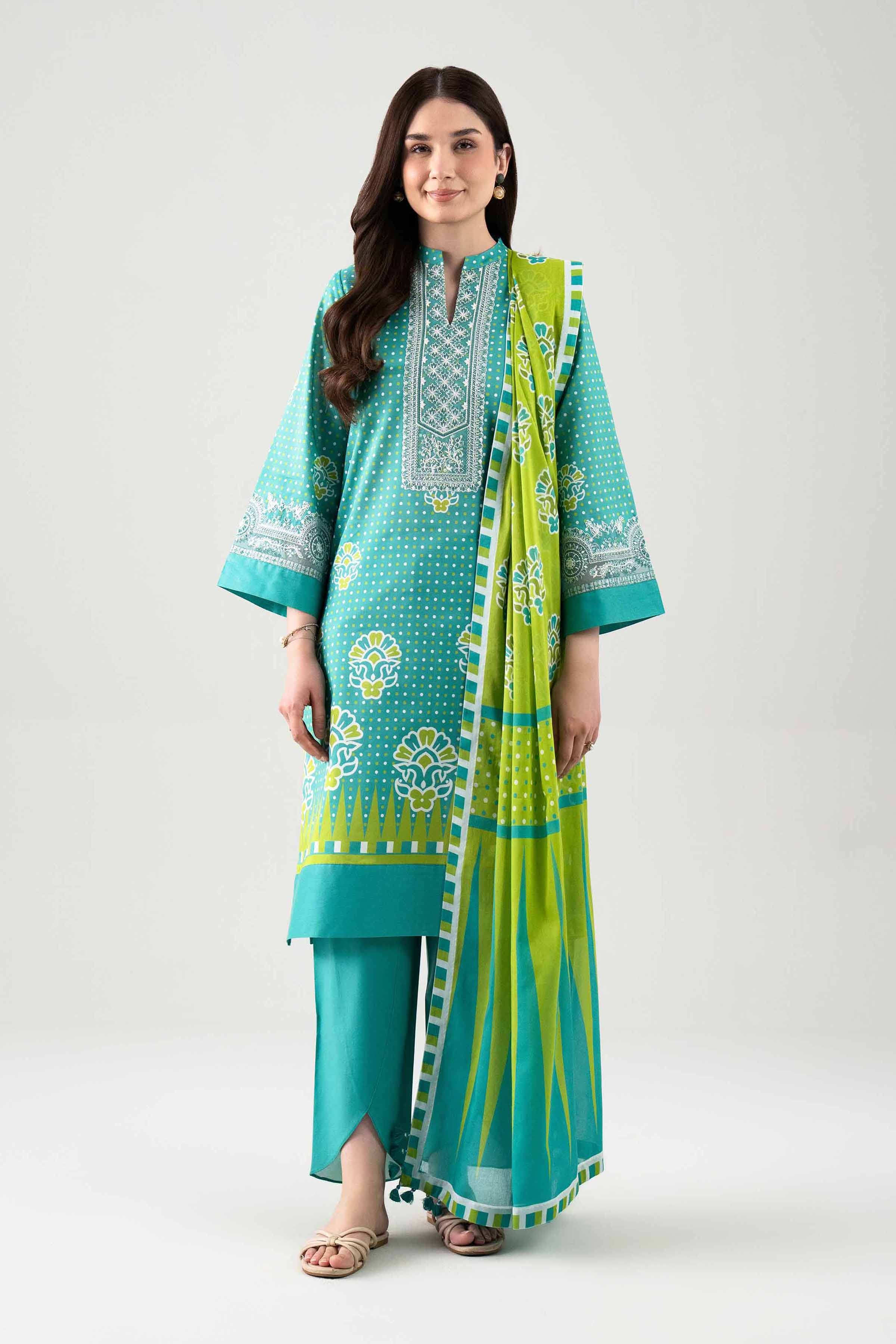 3 Piece - Digital Printed Embroidered Suit - 42601105 NishatUAE Green Lawn 3PC Embroidered Unstitched