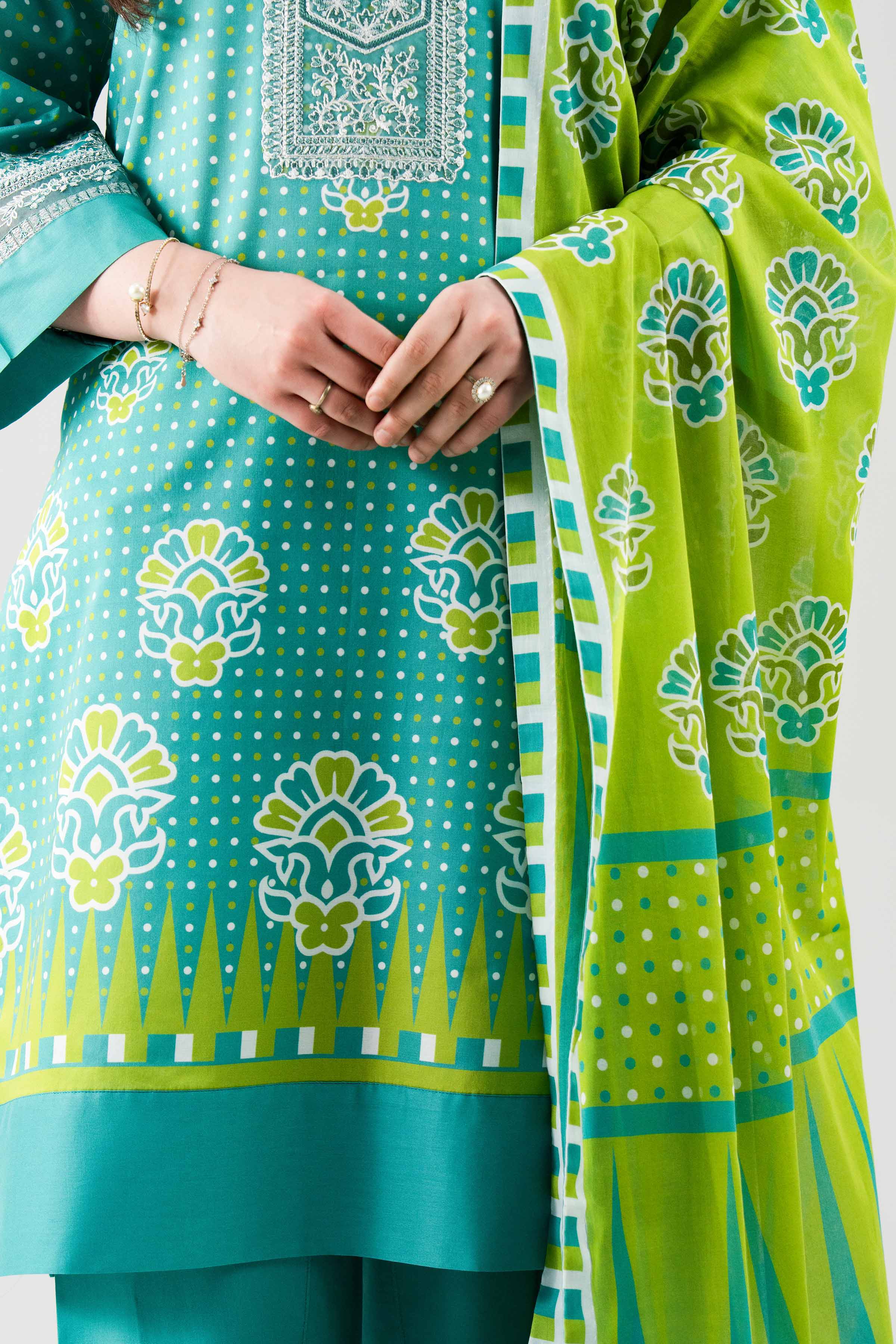 3 Piece - Digital Printed Embroidered Suit - 42601105 NishatUAE Green Lawn 3PC Embroidered Unstitched