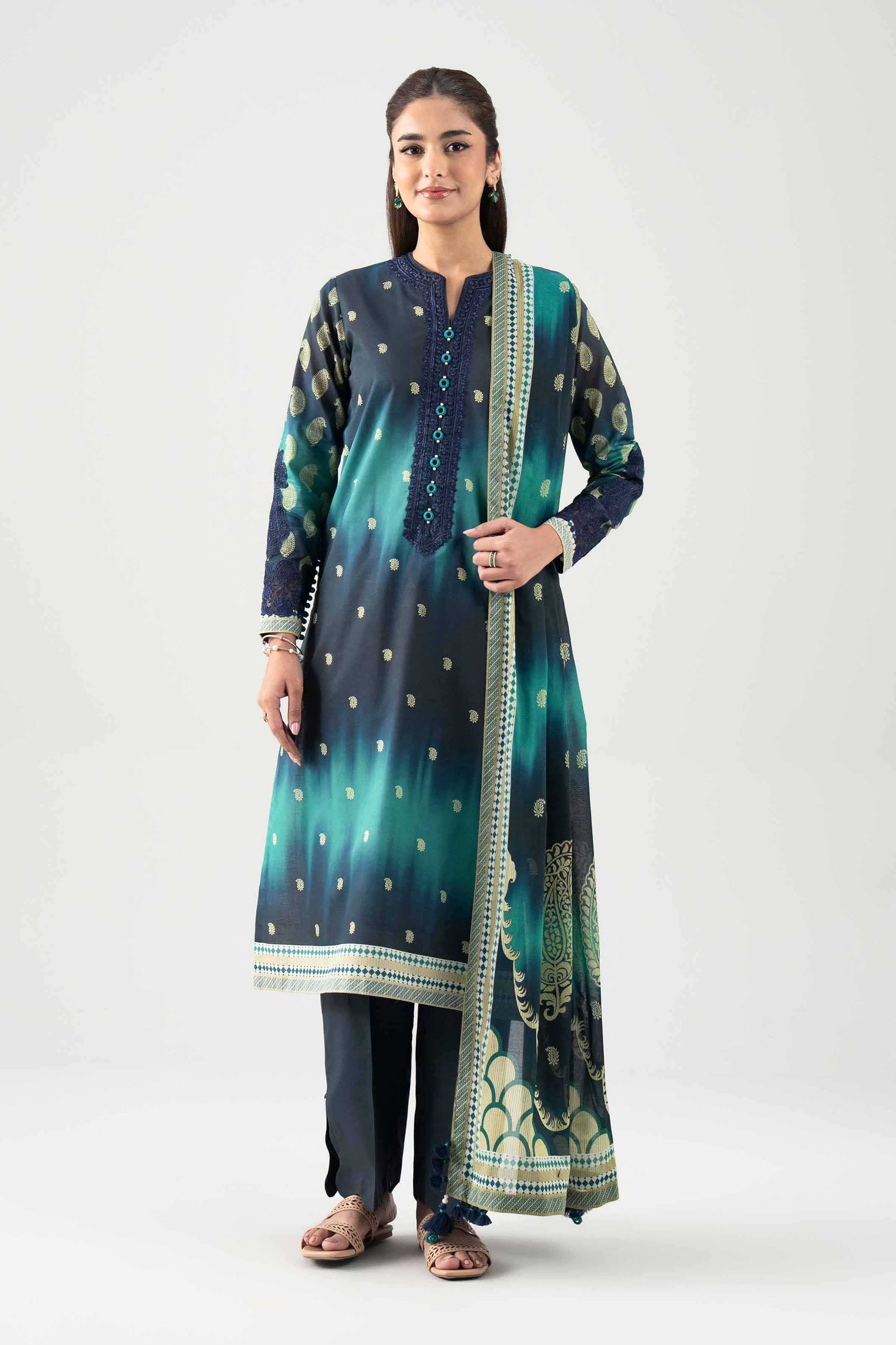 3 Piece - Embroidered Suit - 42601108 NishatUAE Green Lawn 3PC Embroidered Unstitched