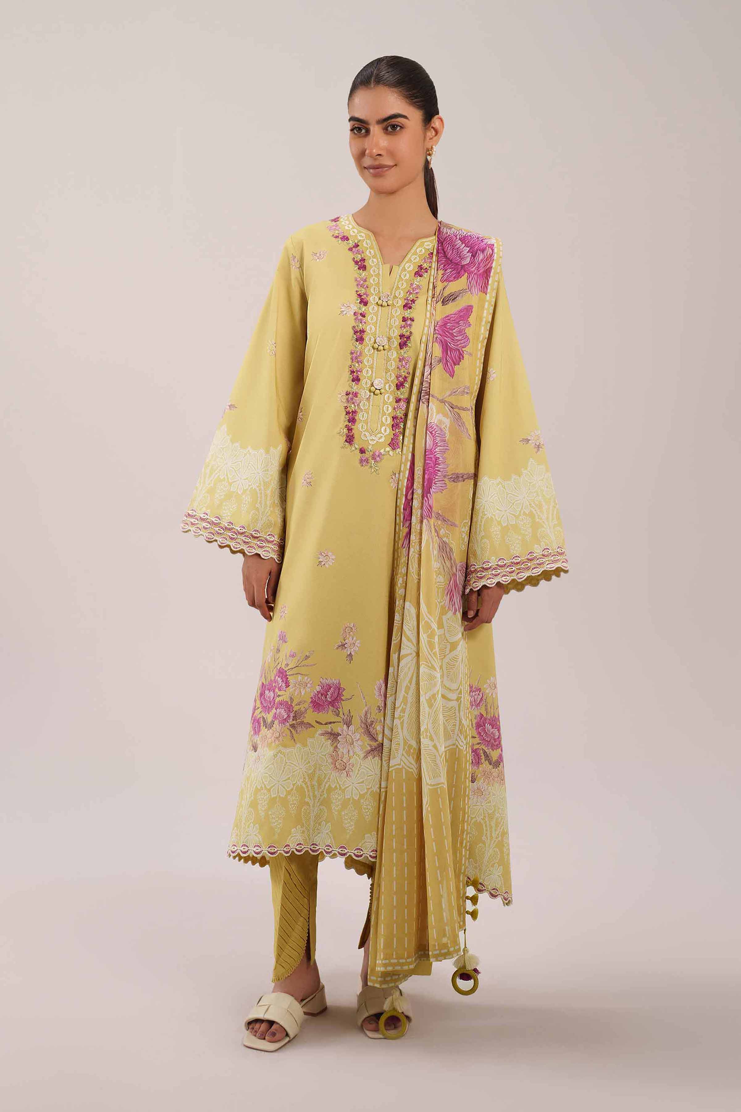 3 Piece - Embroidered Suit - 42601109 NishatUAE Yellow Lawn 3PC Embroidered Unstitched