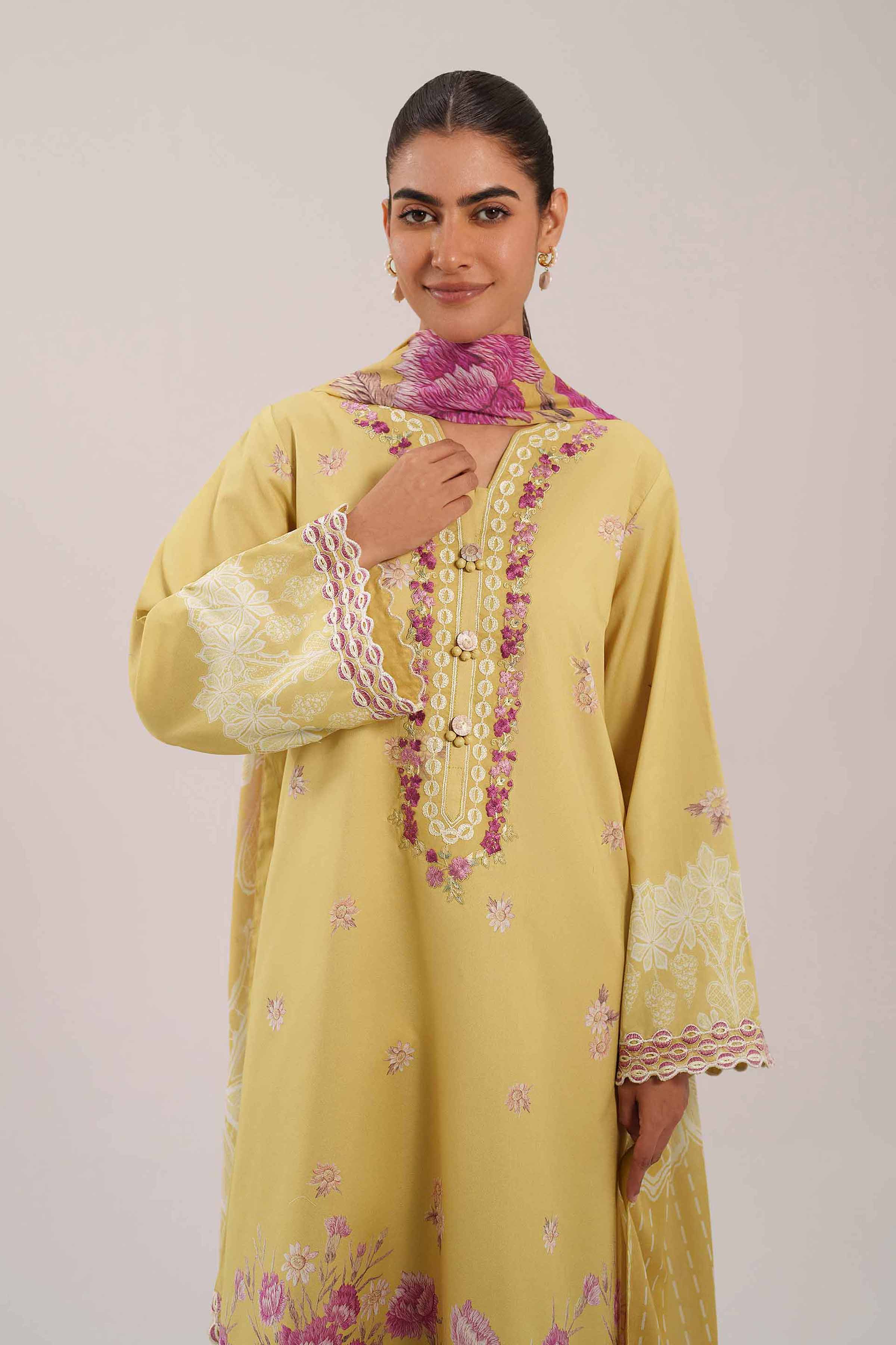 3 Piece - Embroidered Suit - 42601109 NishatUAE Yellow Lawn 3PC Embroidered Unstitched