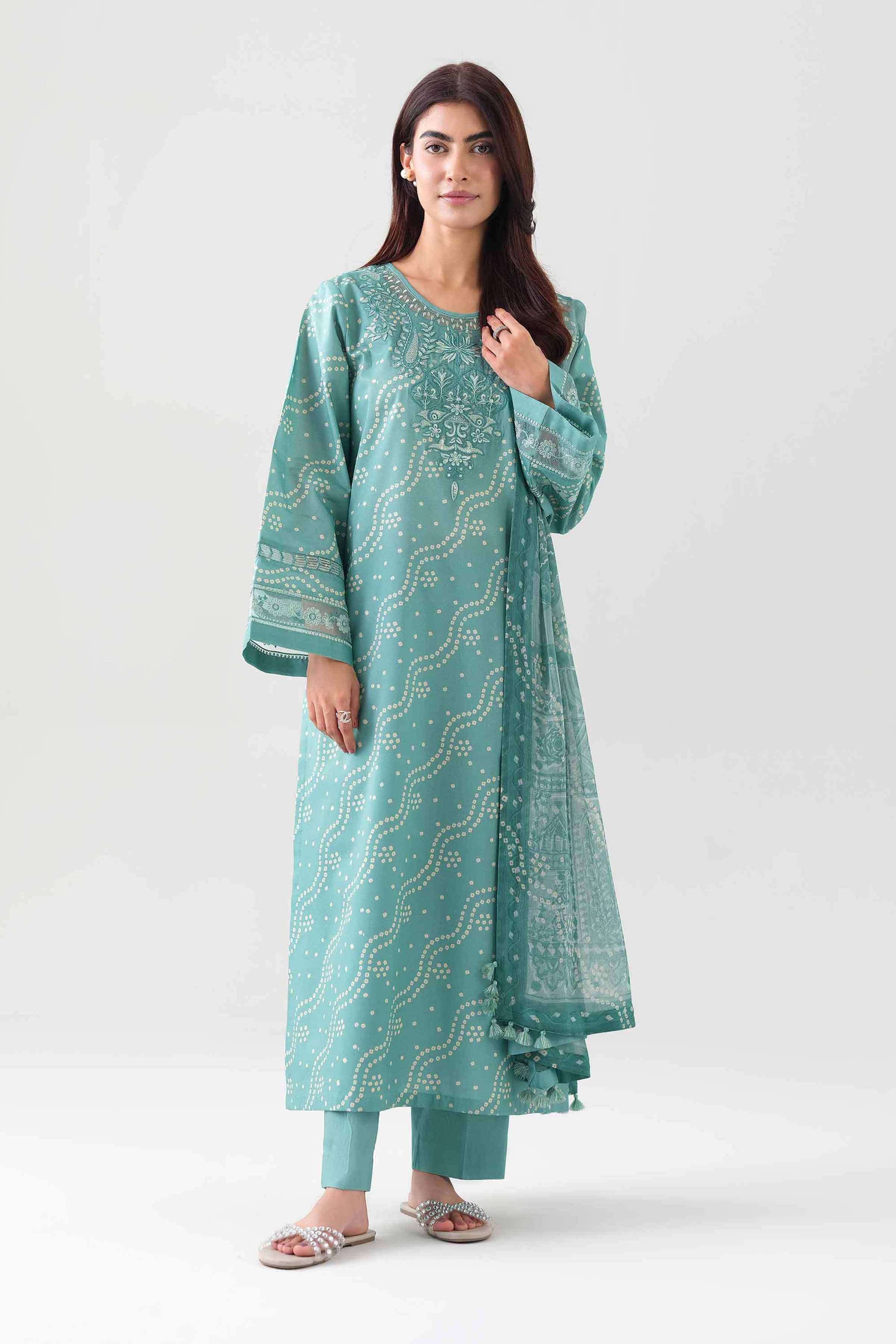 3 Piece - Embroidered Suit - 42601142 NishatUAE Green Lawn 3PC Embroidered Unstitched