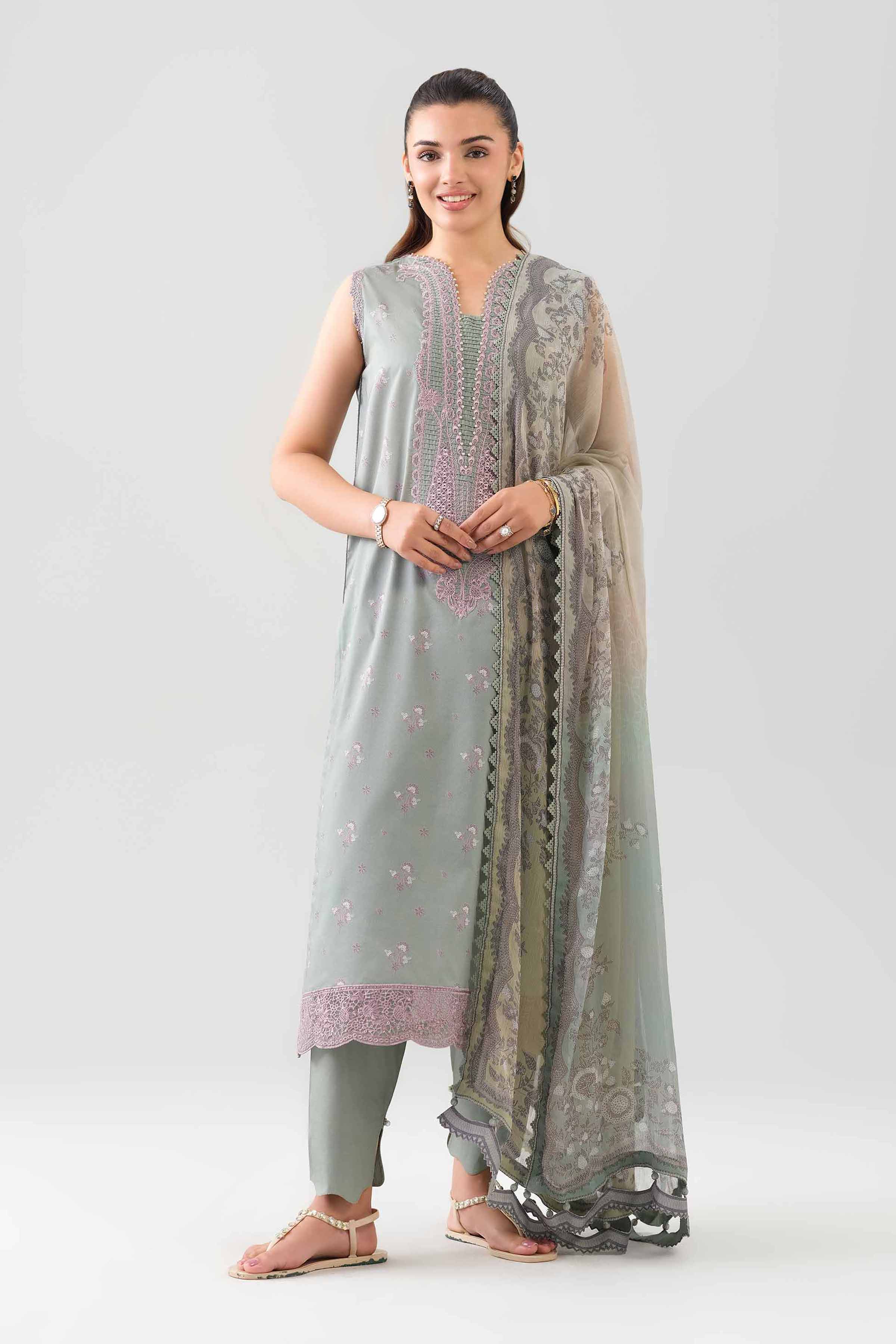 3 Piece - Embroidered Suit - 42601144 NishatUAE Green Lawn 3PC Embroidered Unstitched