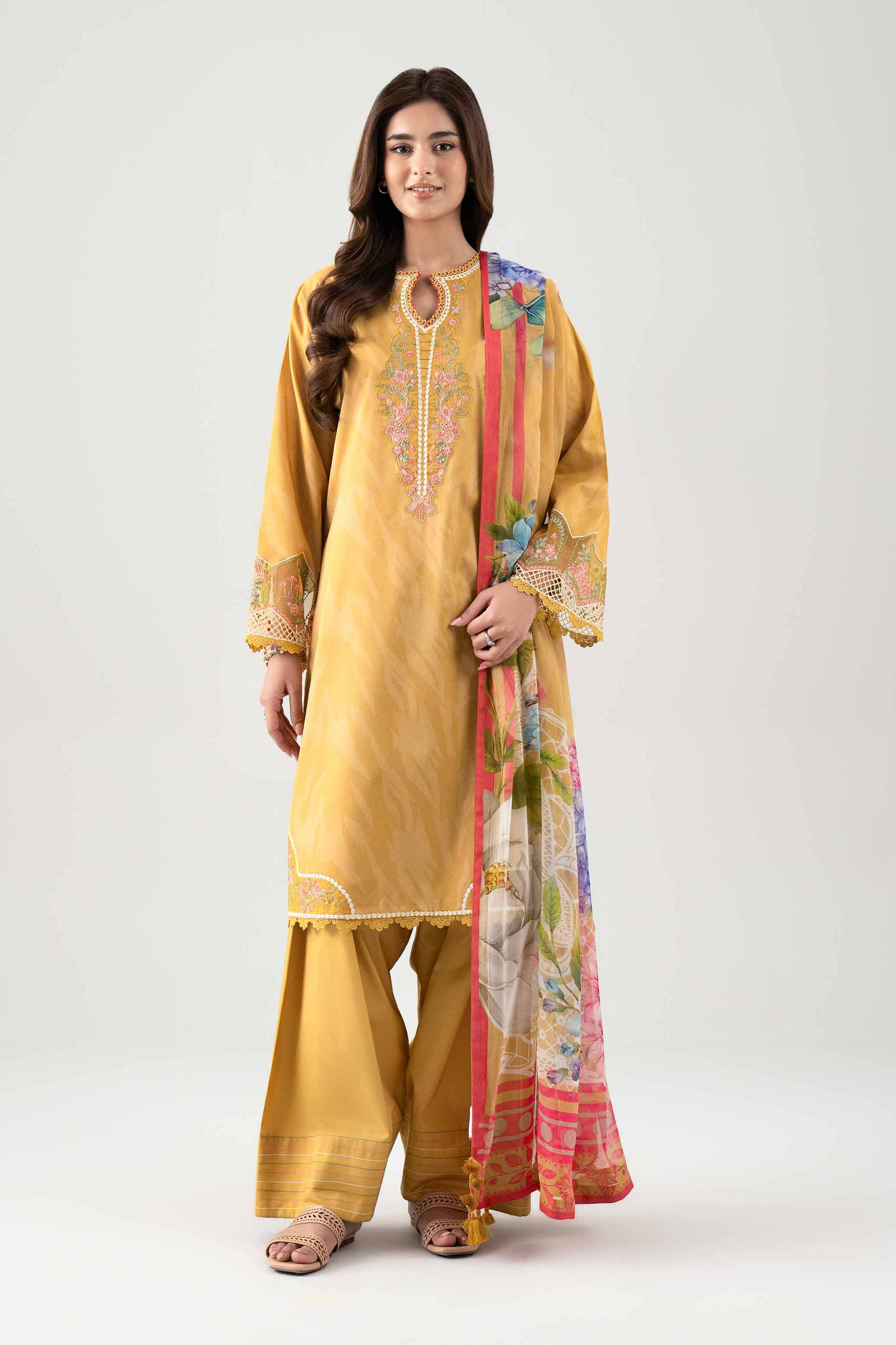 3 Piece - Embroidered Suit - 42601145 NishatUAE Yellow Lawn 3PC Embroidered Unstitched