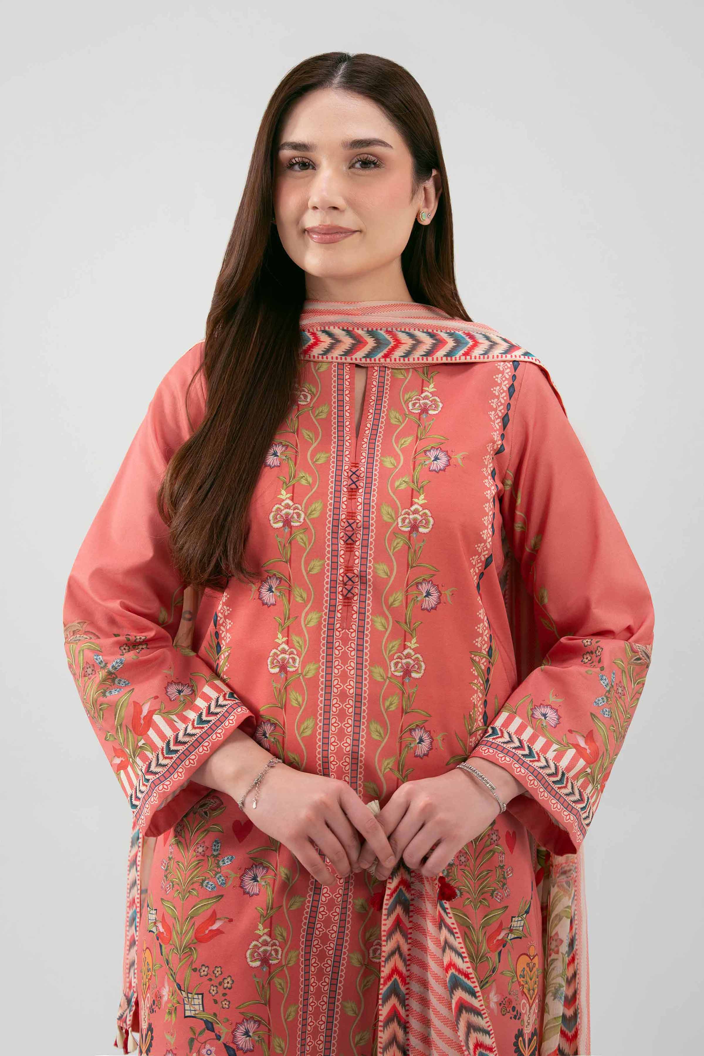 3 Piece - Printed Suit - 42601158 NishatUAE Orange Lawn 3PC Printed Unstitched