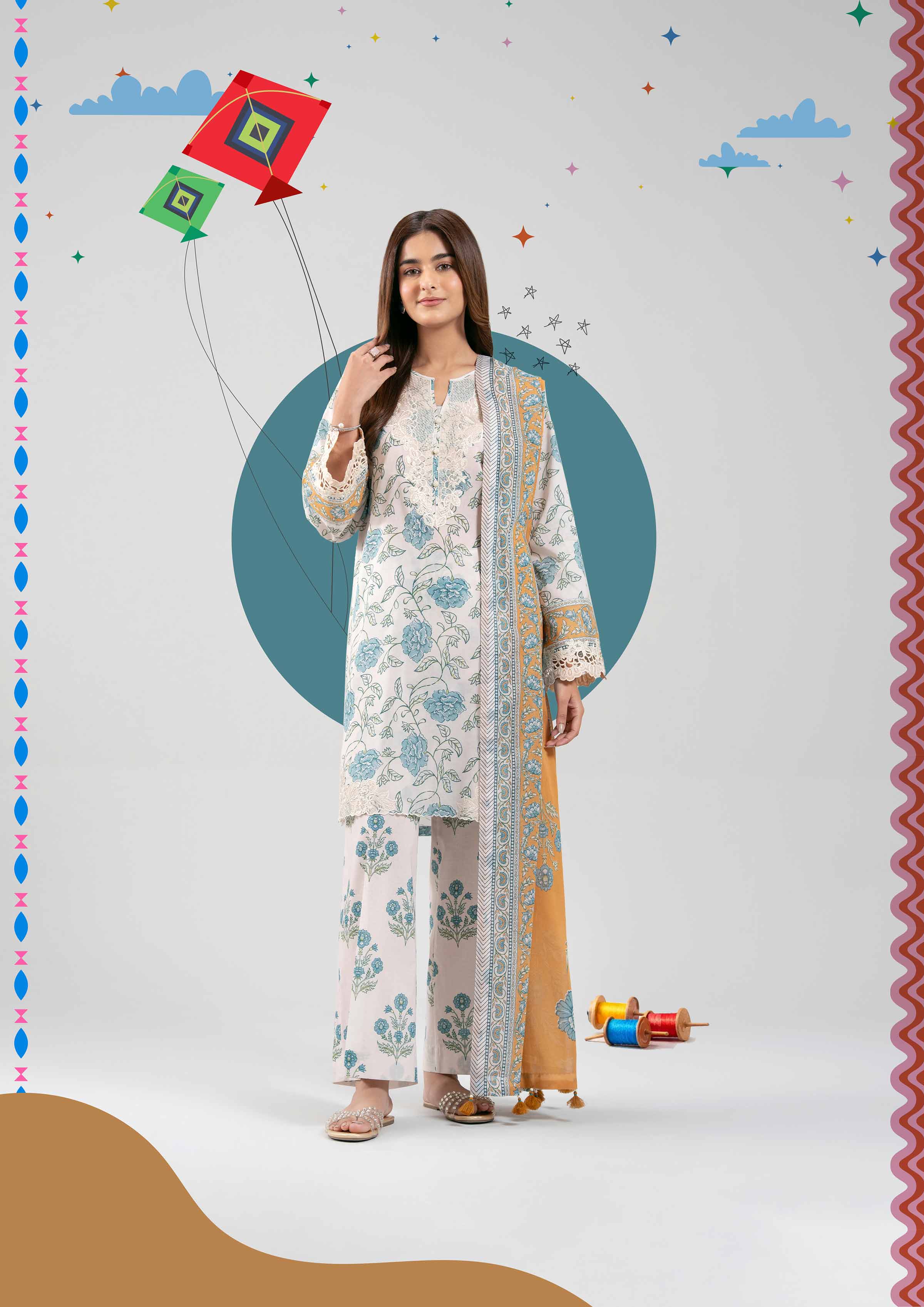 3 Piece - Printed Embroidered Suit - 42601166