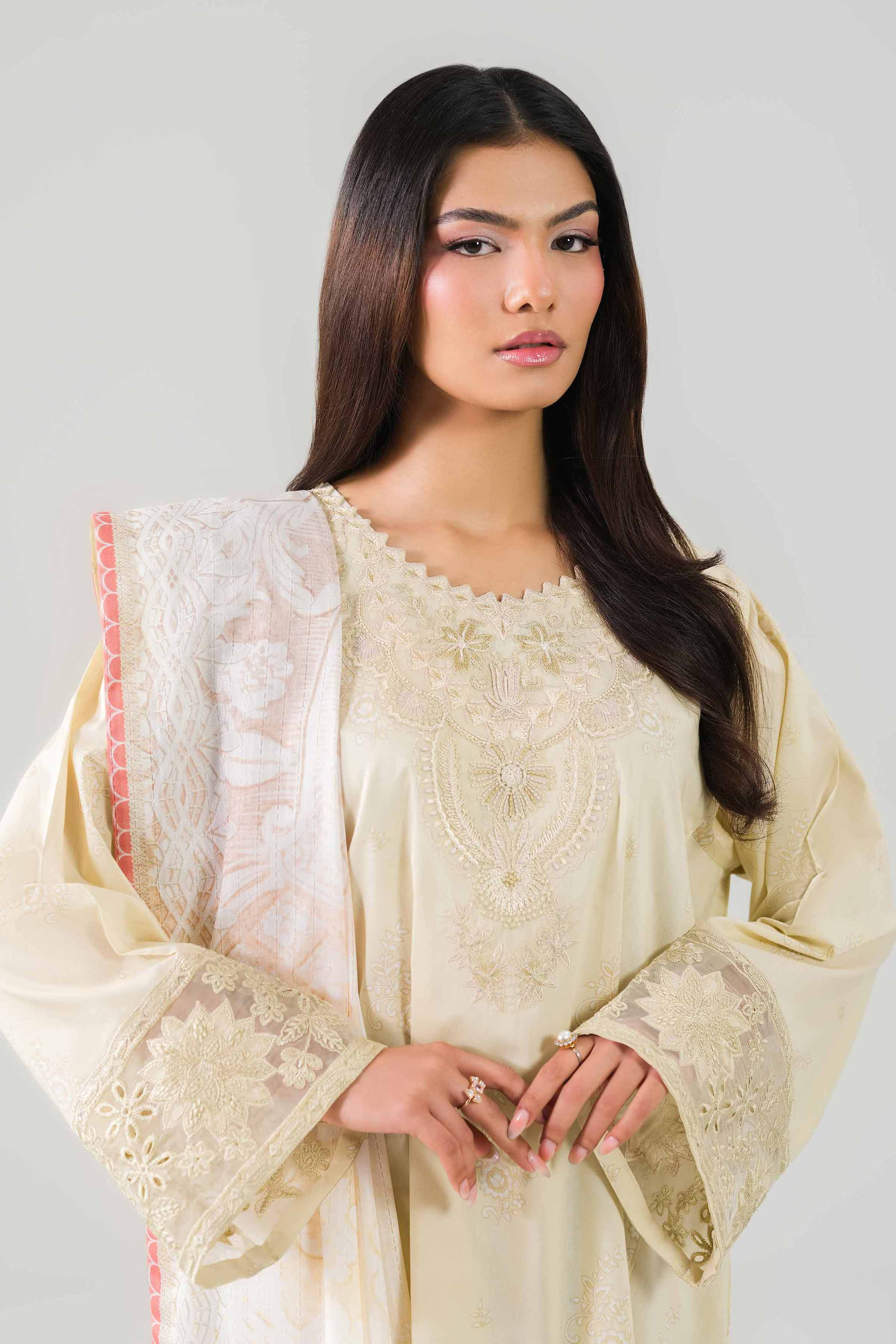 3 Piece - Embroidered Suit - 42601205 NishatUAE Yellow Lawn 3PC Embroidered Unstitched