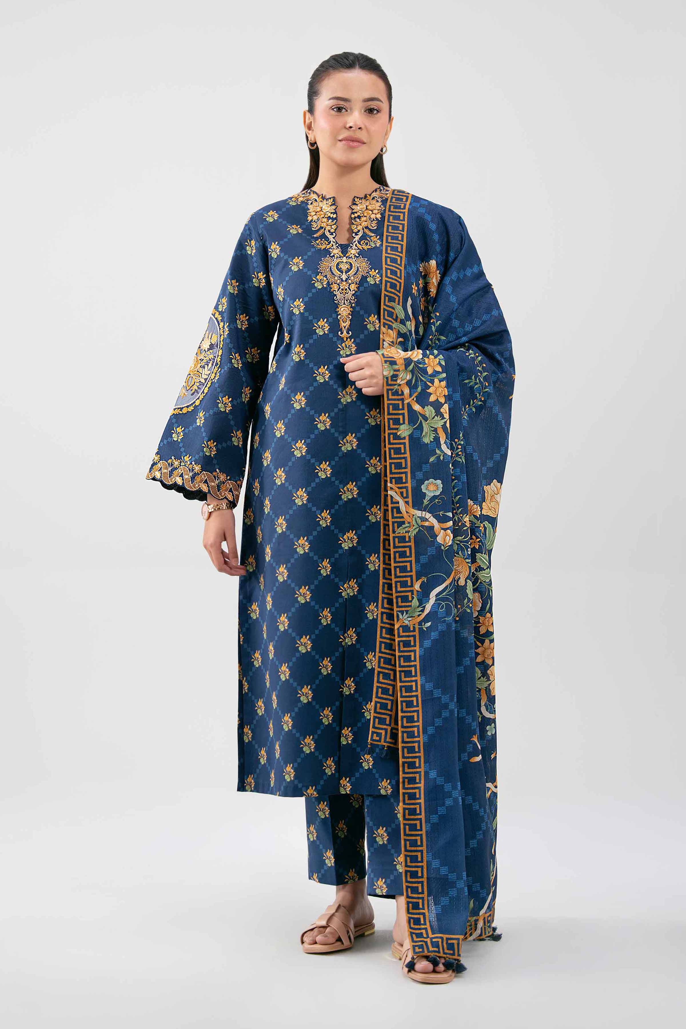 3 Piece - Embroidered Suit - 42601209 NishatUAE Blue Lawn 3PC Embroidered Unstitched