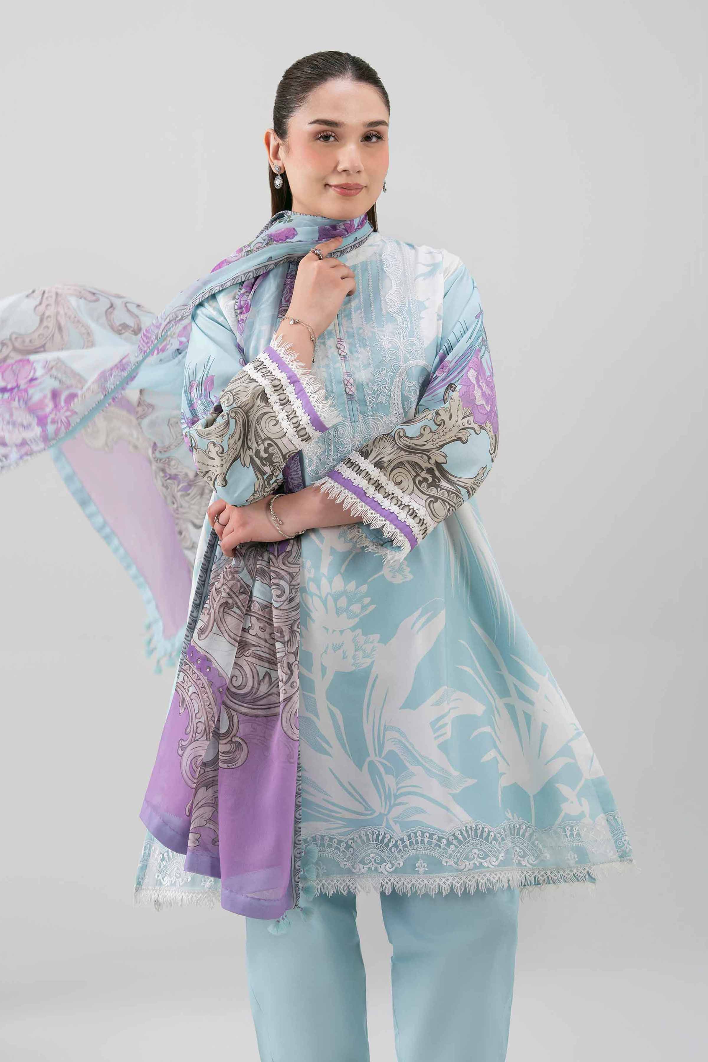 3 Piece - Embroidered Suit - 42601211 NishatUAE Blue Cambric 3PC Embroidered Unstitched