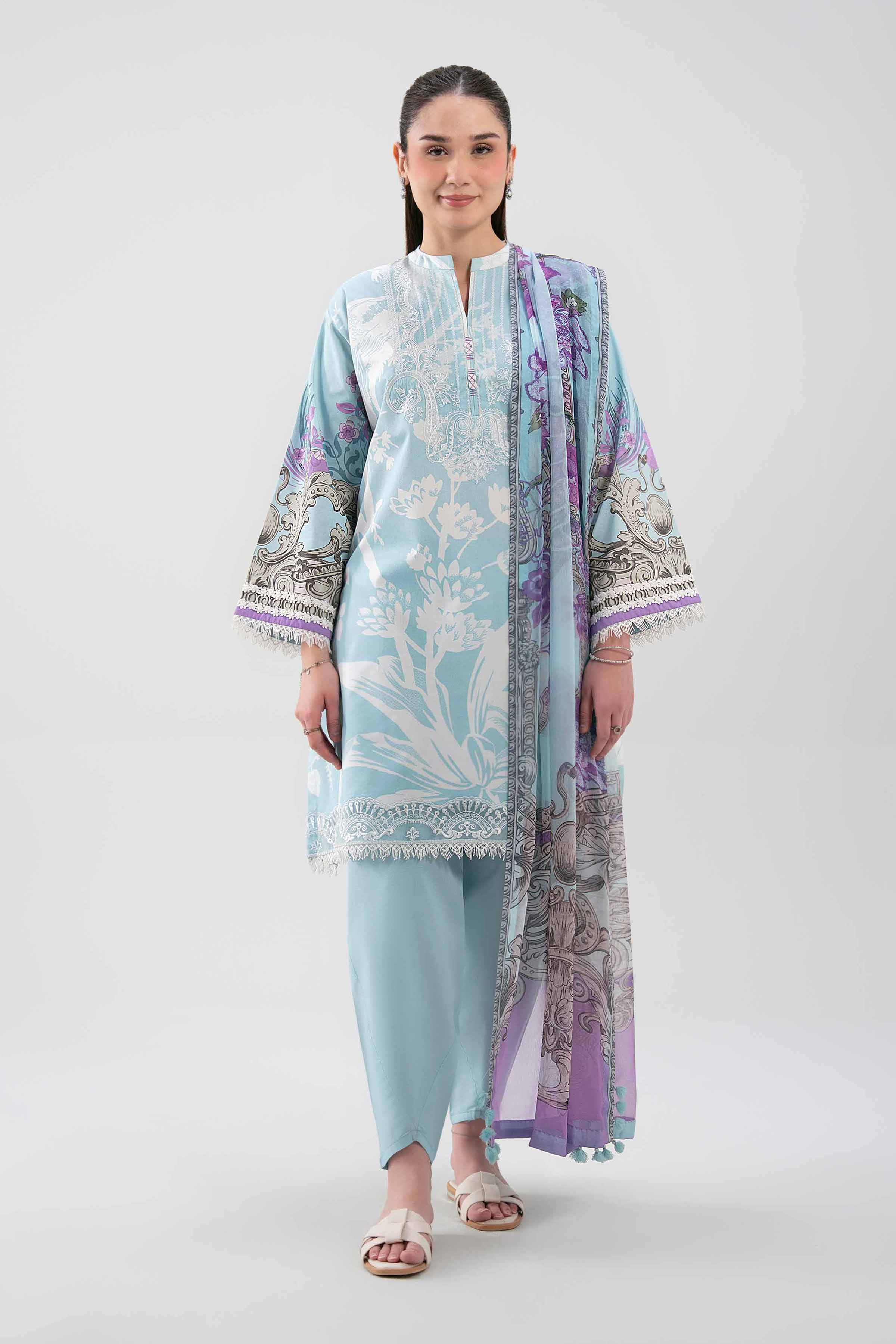 3 Piece - Embroidered Suit - 42601211 NishatUAE Blue Cambric 3PC Embroidered Unstitched
