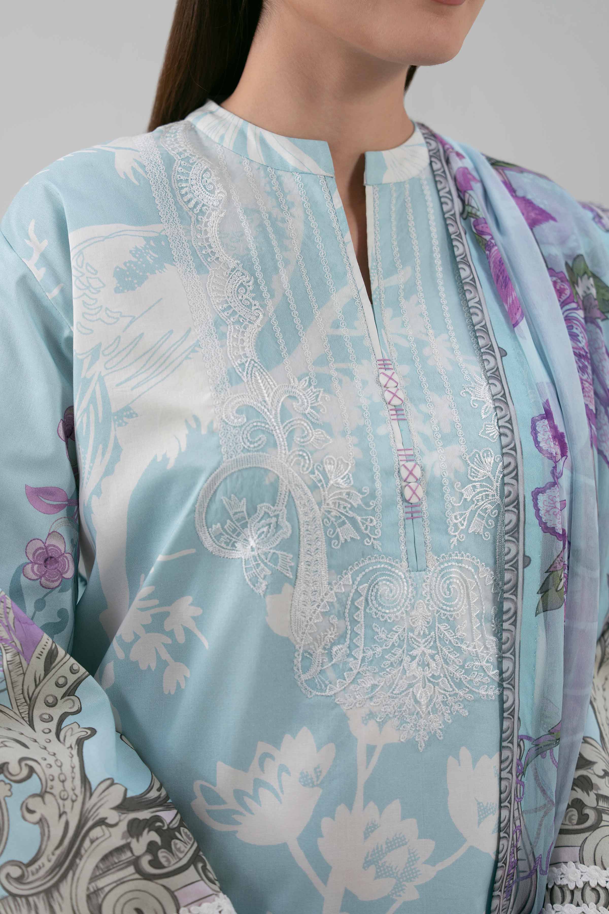 3 Piece - Embroidered Suit - 42601211 NishatUAE Blue Cambric 3PC Embroidered Unstitched