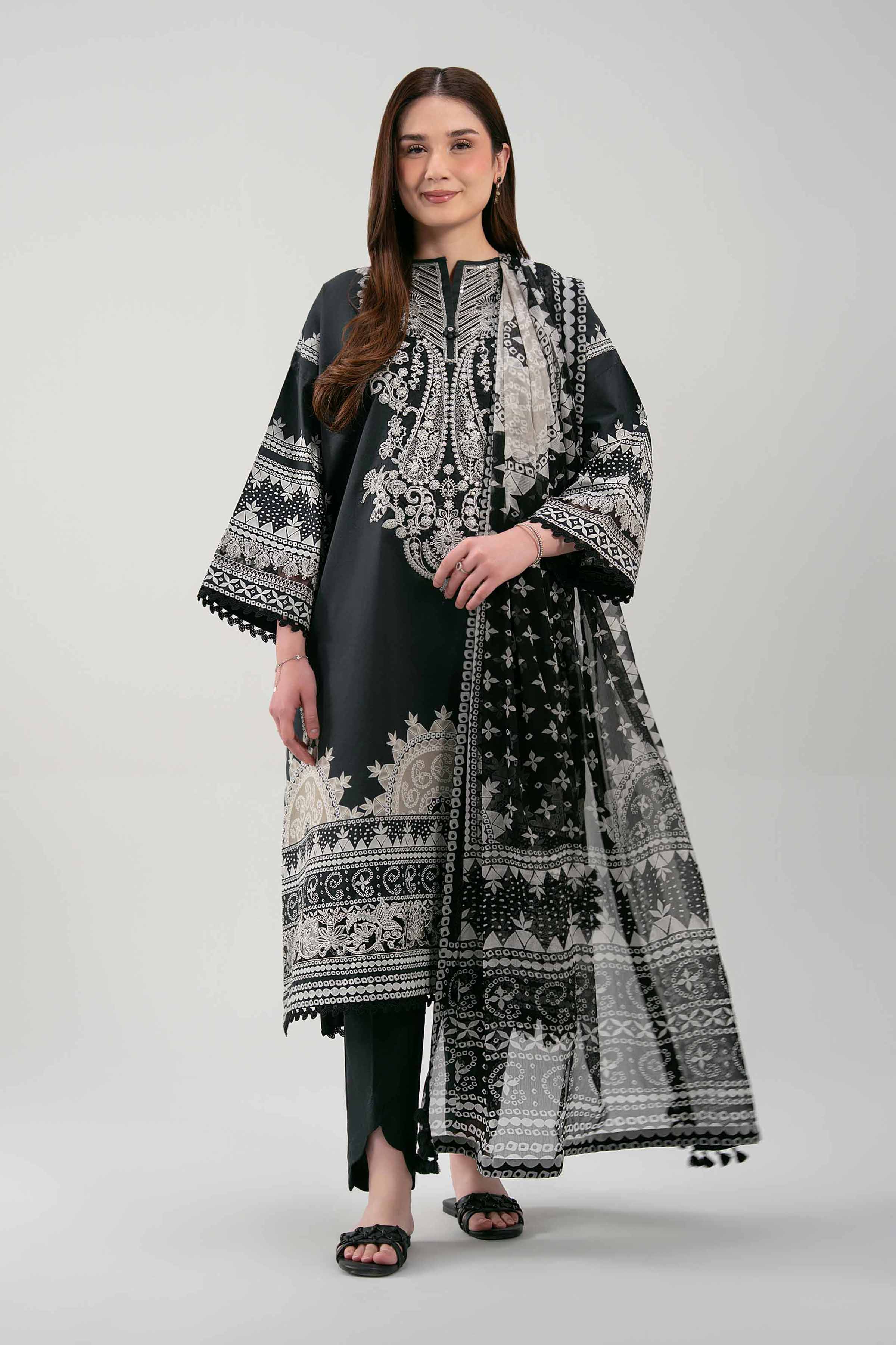 3 Piece - Embroidered Suit - 42601212 NishatUAE Black Cambric 3PC Embroidered Unstitched